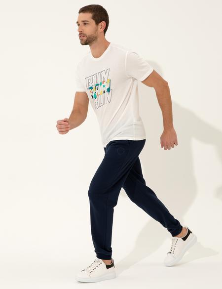 Ekru Slim Fit Baskılı Bisiklet Yaka Tişört - 50249815008