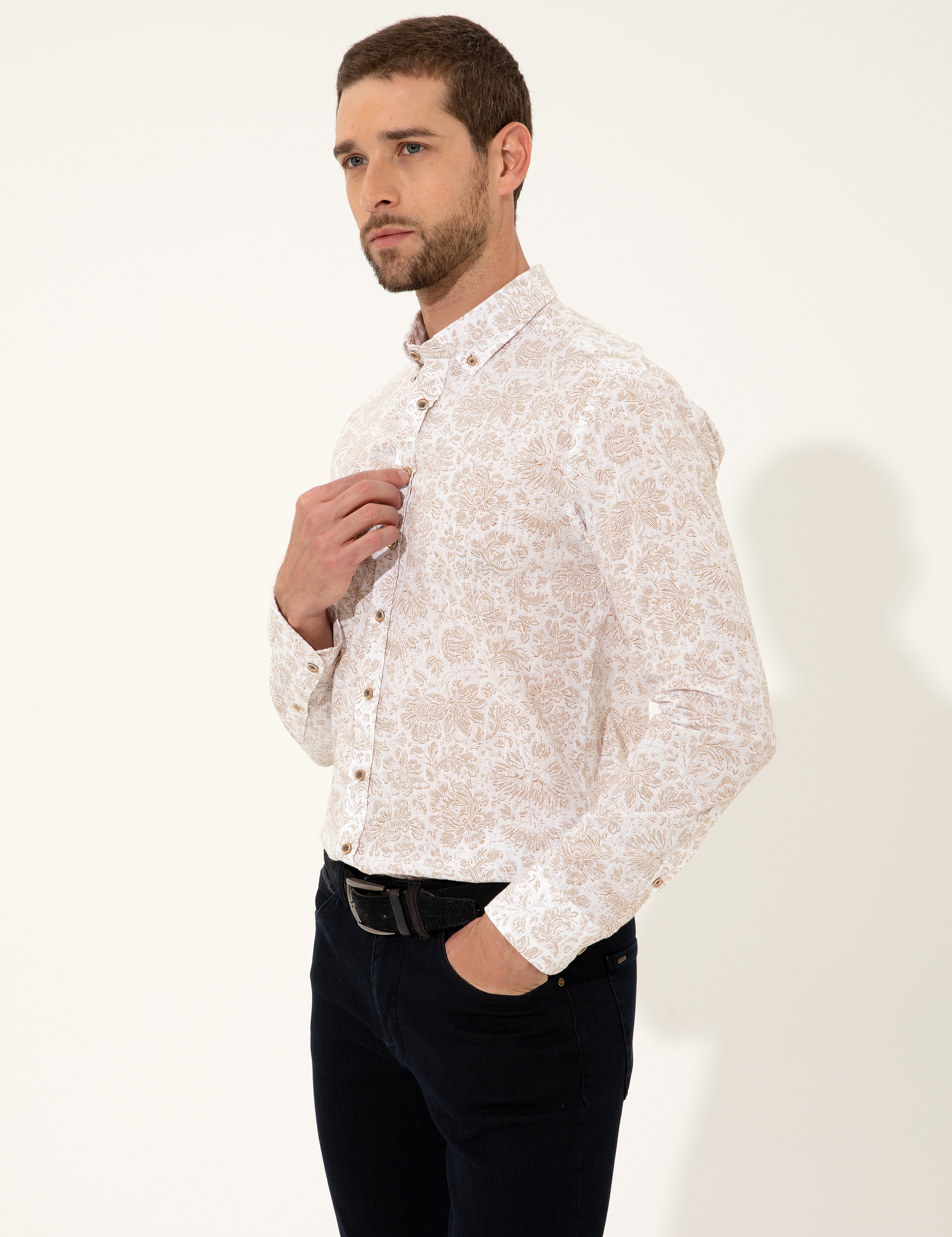 Açık Kahverengi Slim Fit Uzun Kollu Gömlek - Image 4