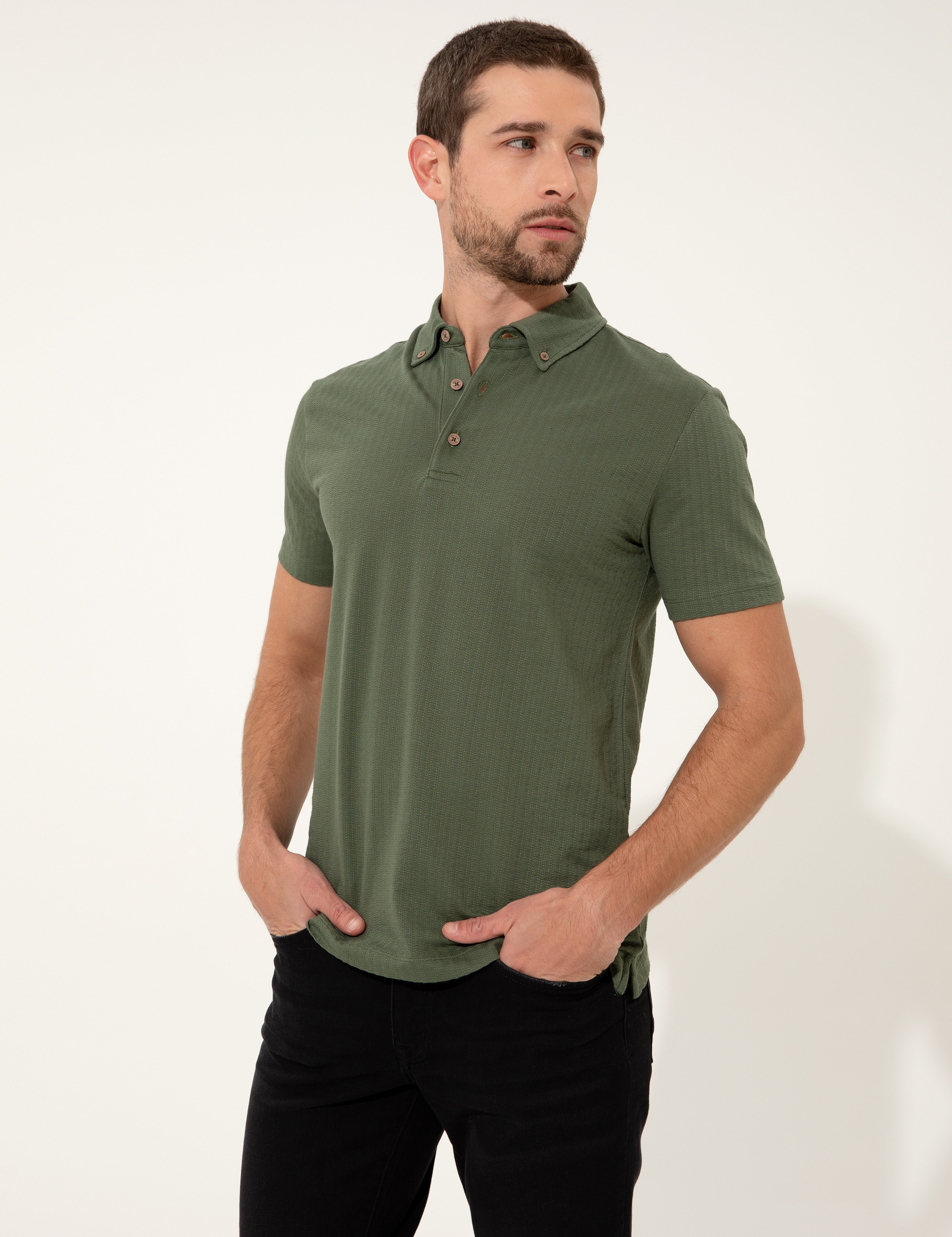 Haki Slim Fit Polo Yaka Tişört - Image 3