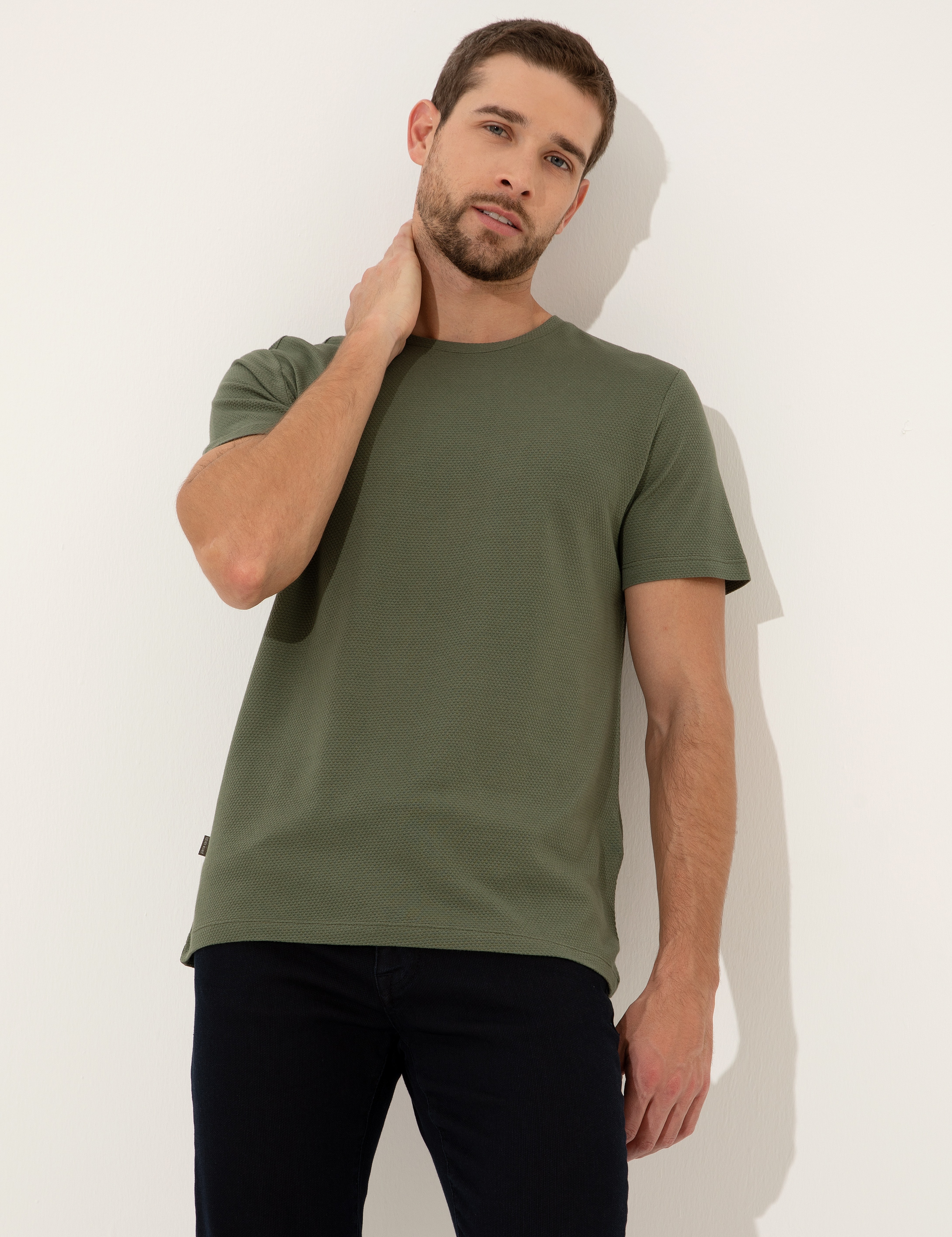 Haki Slim Fit Bisiklet Yaka Tişört - Image 3