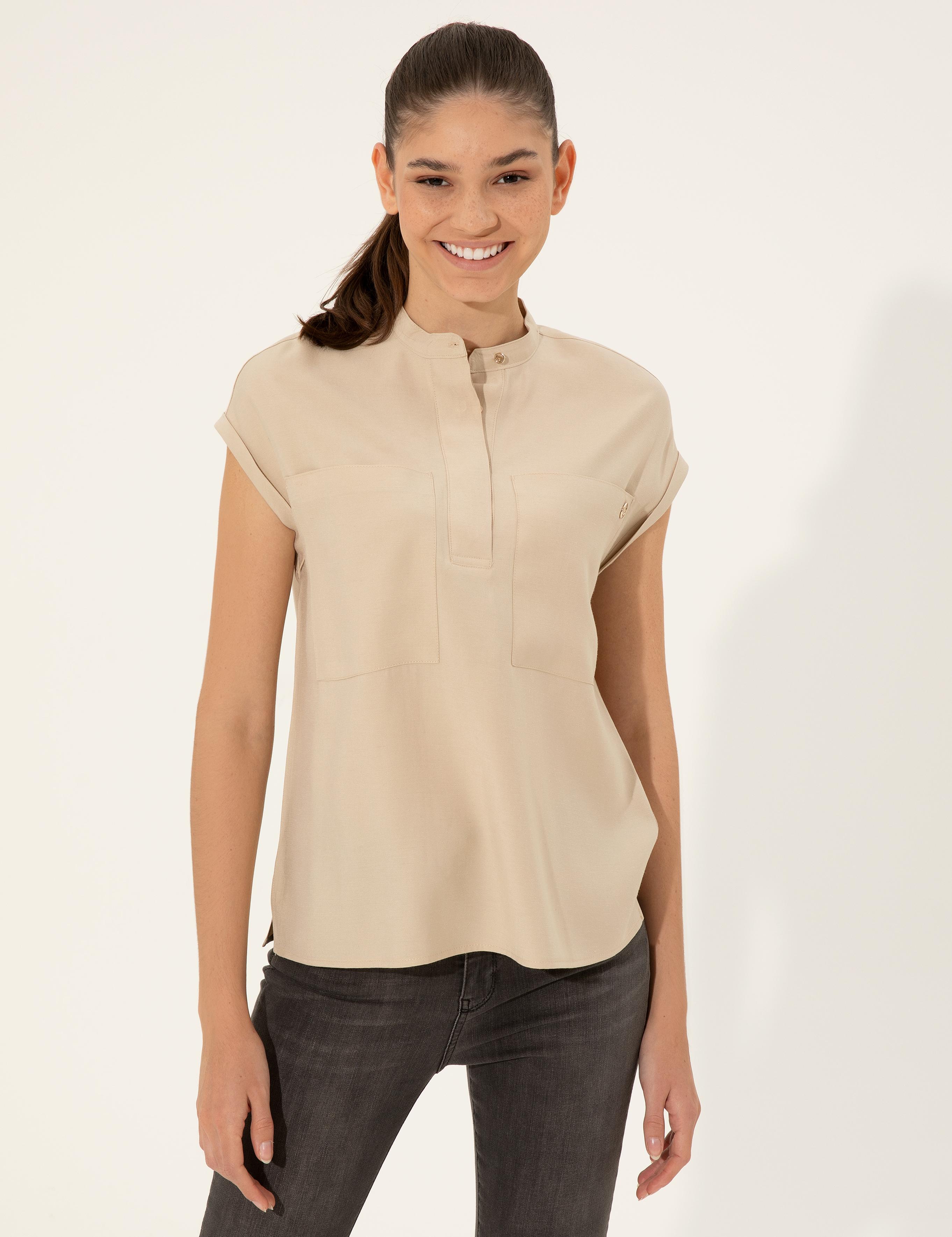 Bej Comfort Fit Kısa Kollu Bluz