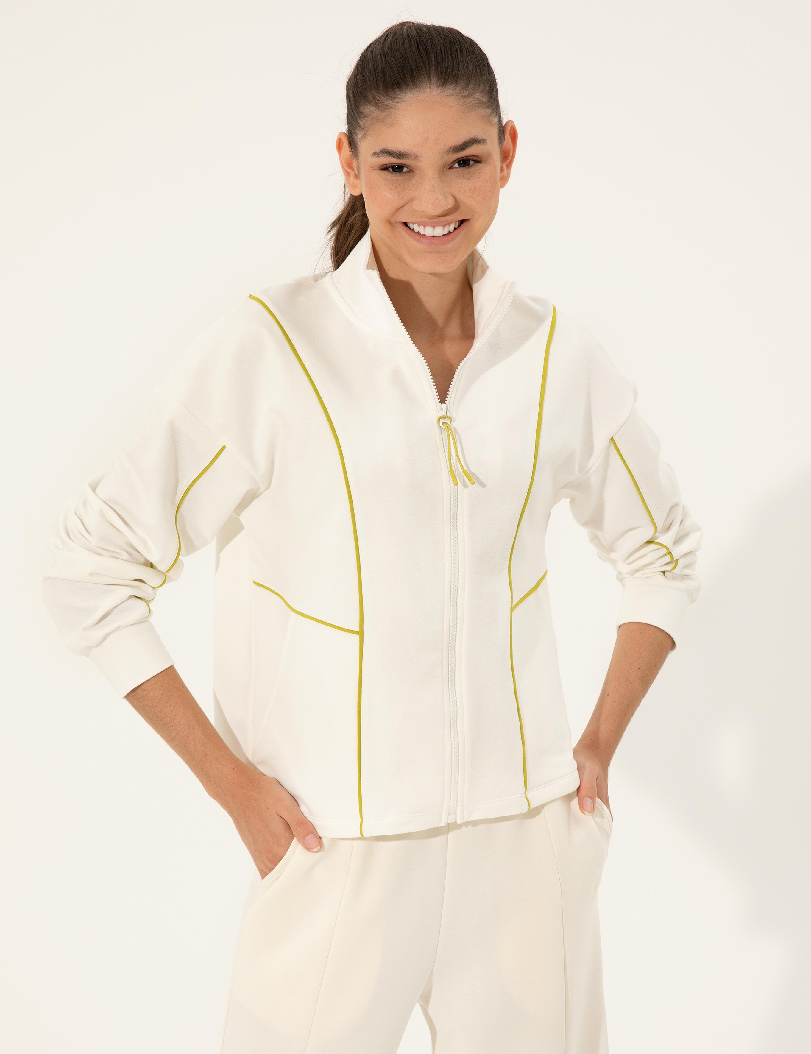 Ekru Comfort Fit Fermuarlı Sweatshirt