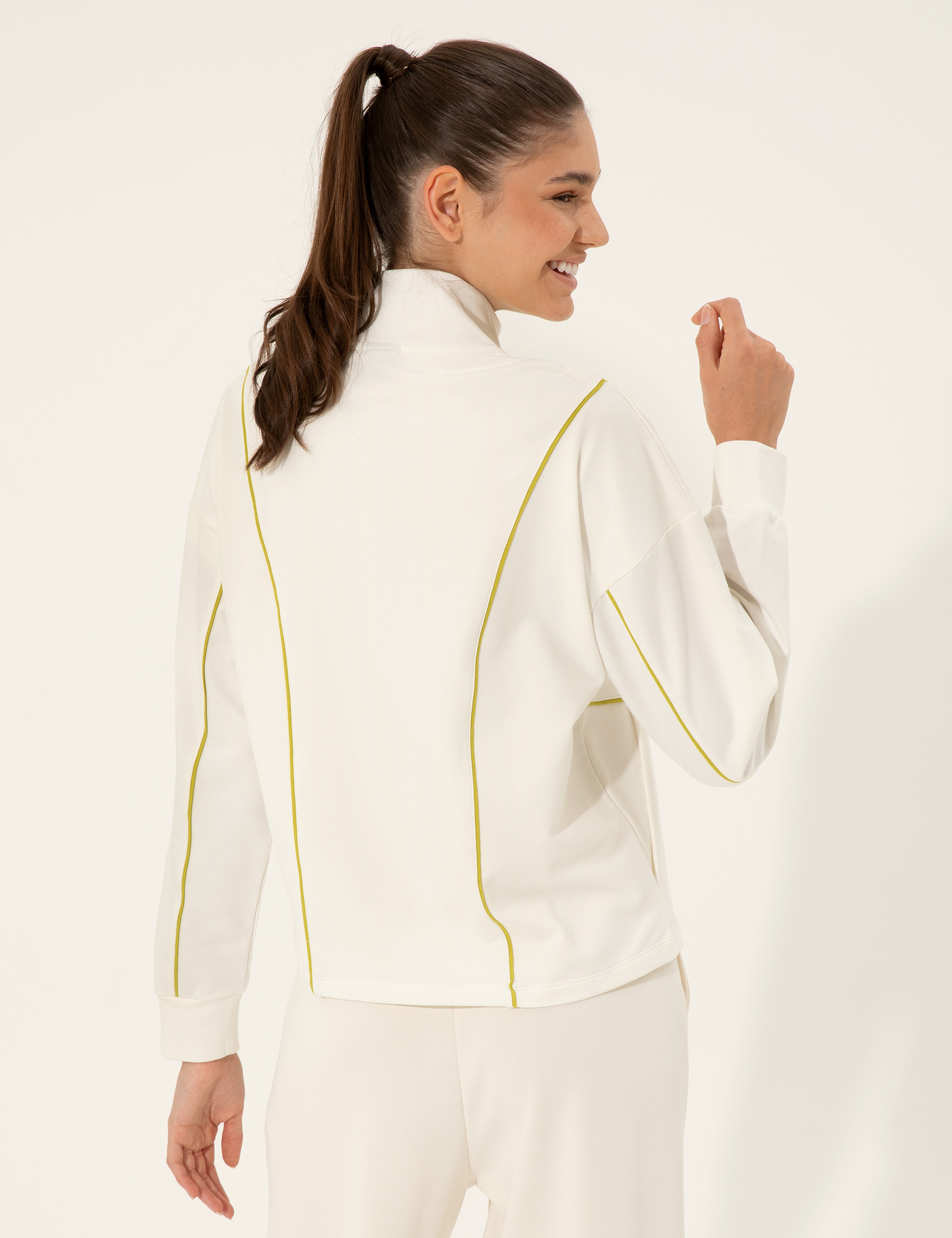 Ekru Comfort Fit Fermuarlı Sweatshirt - Image 5