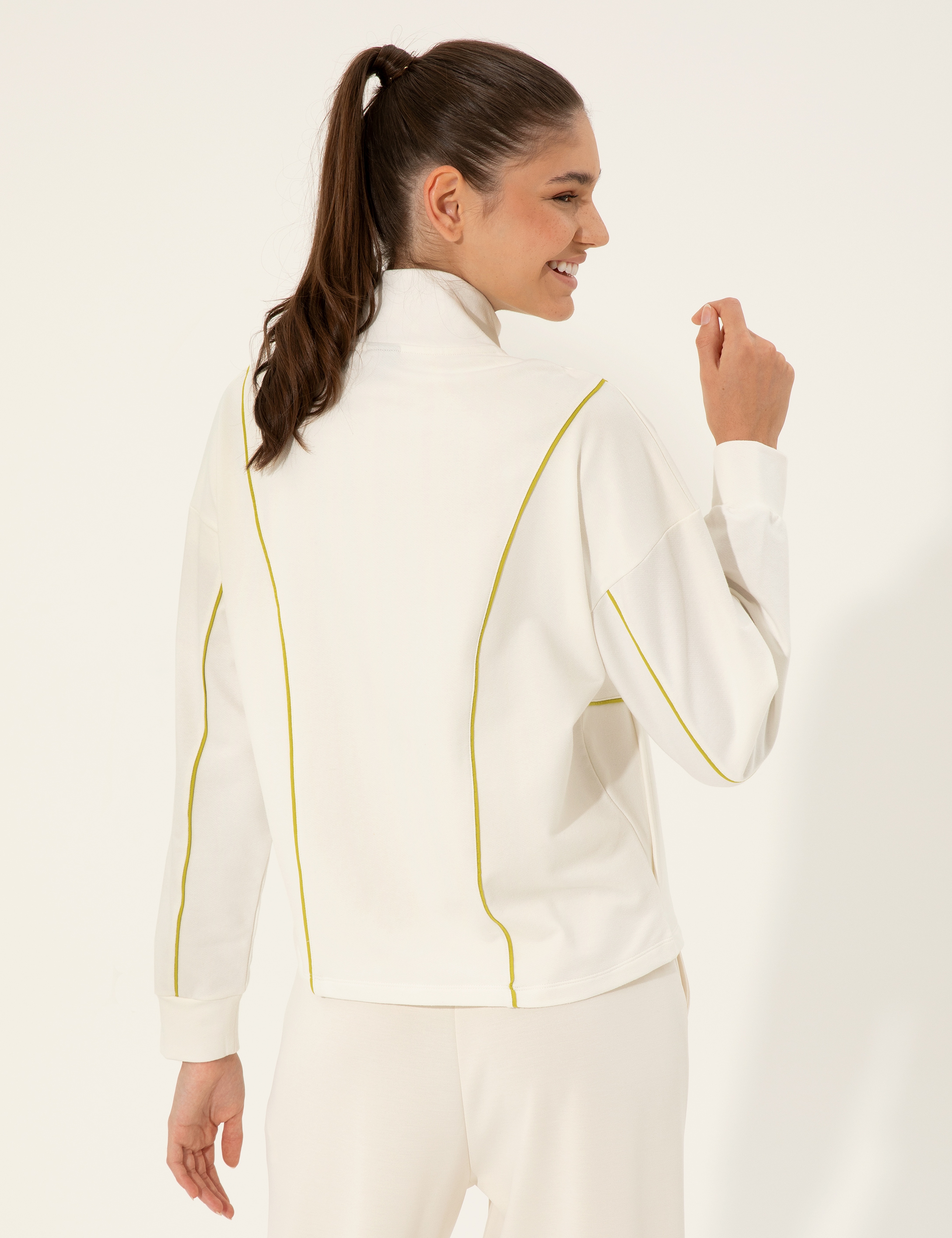Ekru Comfort Fit Fermuarlı Sweatshirt