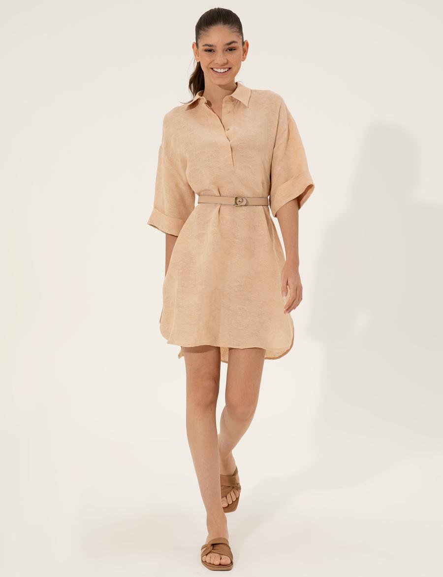 Bej Keten Karışımlı A Kesim Gömlek Elbise