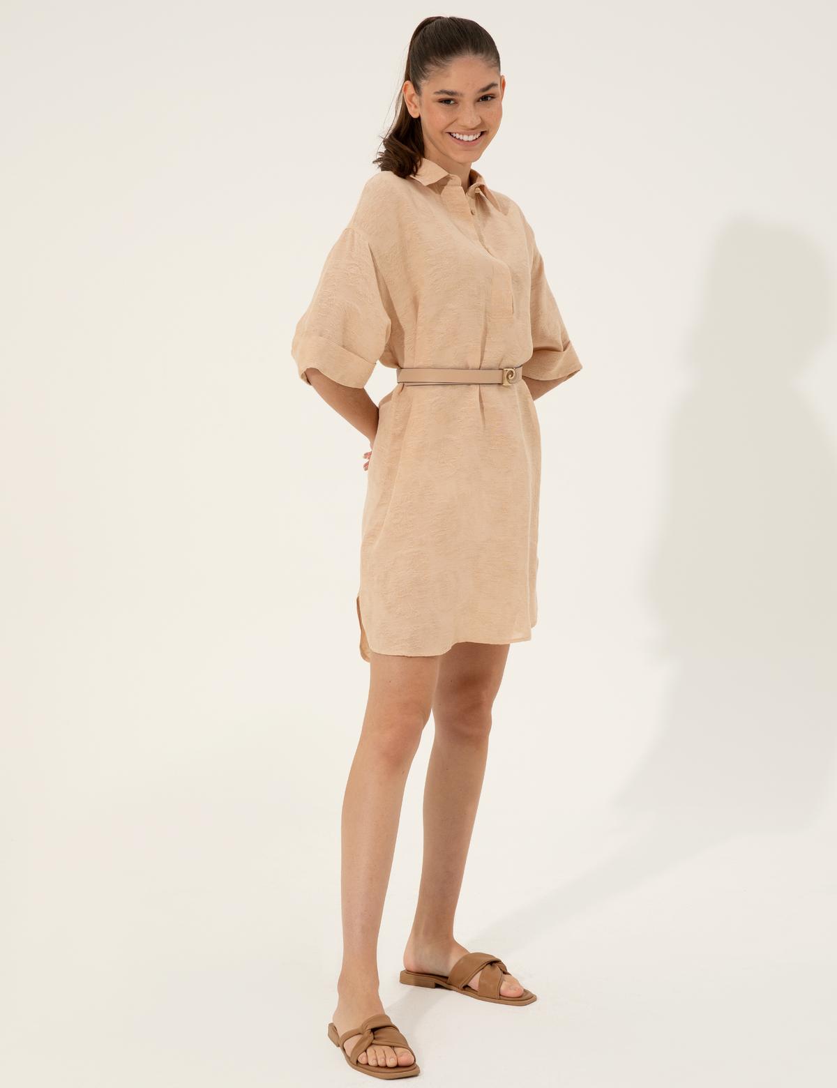 Bej Keten Karışımlı A Kesim Gömlek Elbise - 50247236001