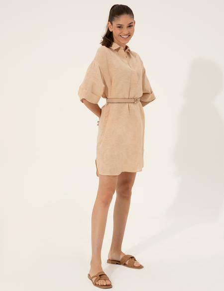 Bej Keten Karışımlı A Kesim Gömlek Elbise - 50247236001