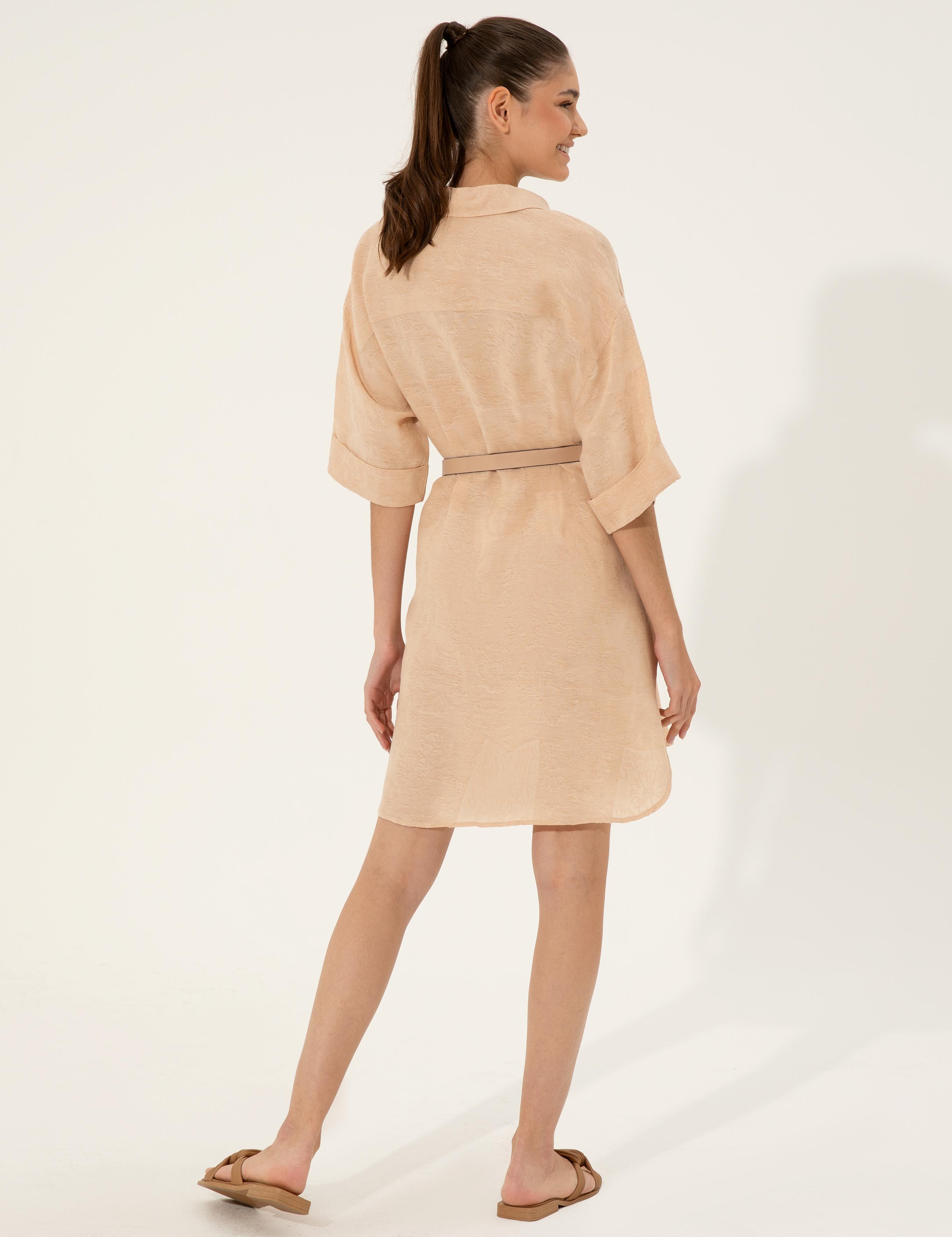 Bej Keten Karışımlı A Kesim Gömlek Elbise