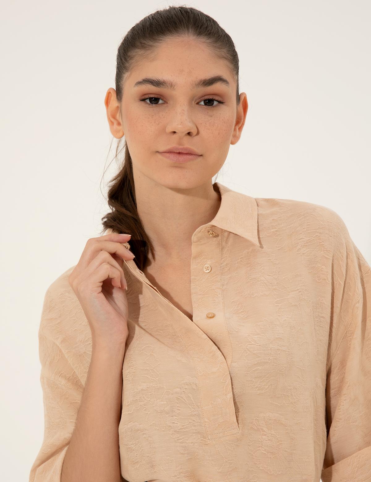 Bej Keten Karışımlı A Kesim Gömlek Elbise - 50247236001