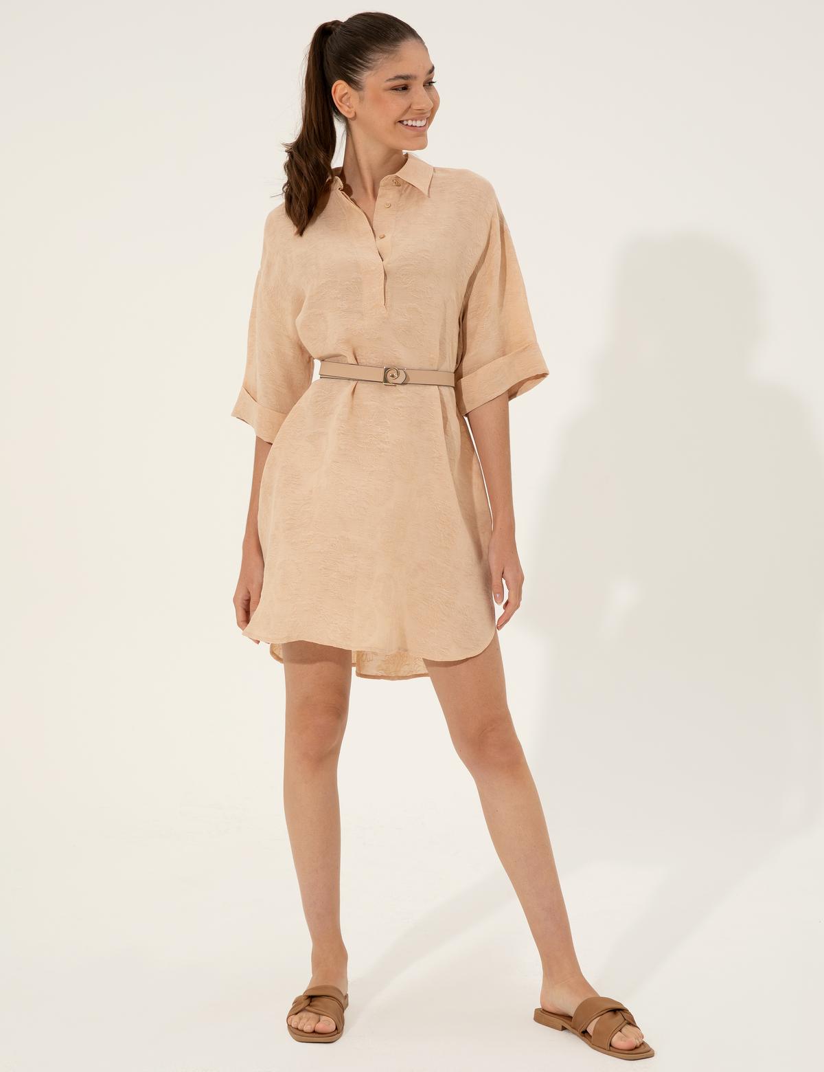 Bej Keten Karışımlı A Kesim Gömlek Elbise - 50247236001