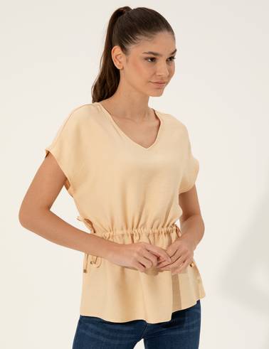 Bej Comfort Fit Kısa Kollu Bluz