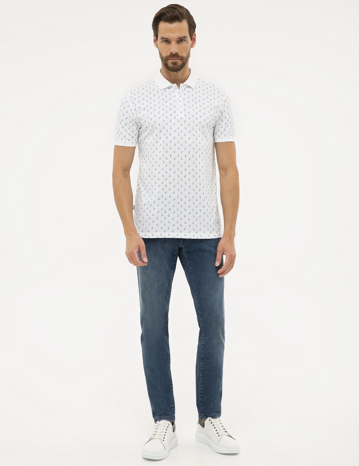 Beyaz Slim Fit Baskılı Polo Yaka Tişört - 50226955007