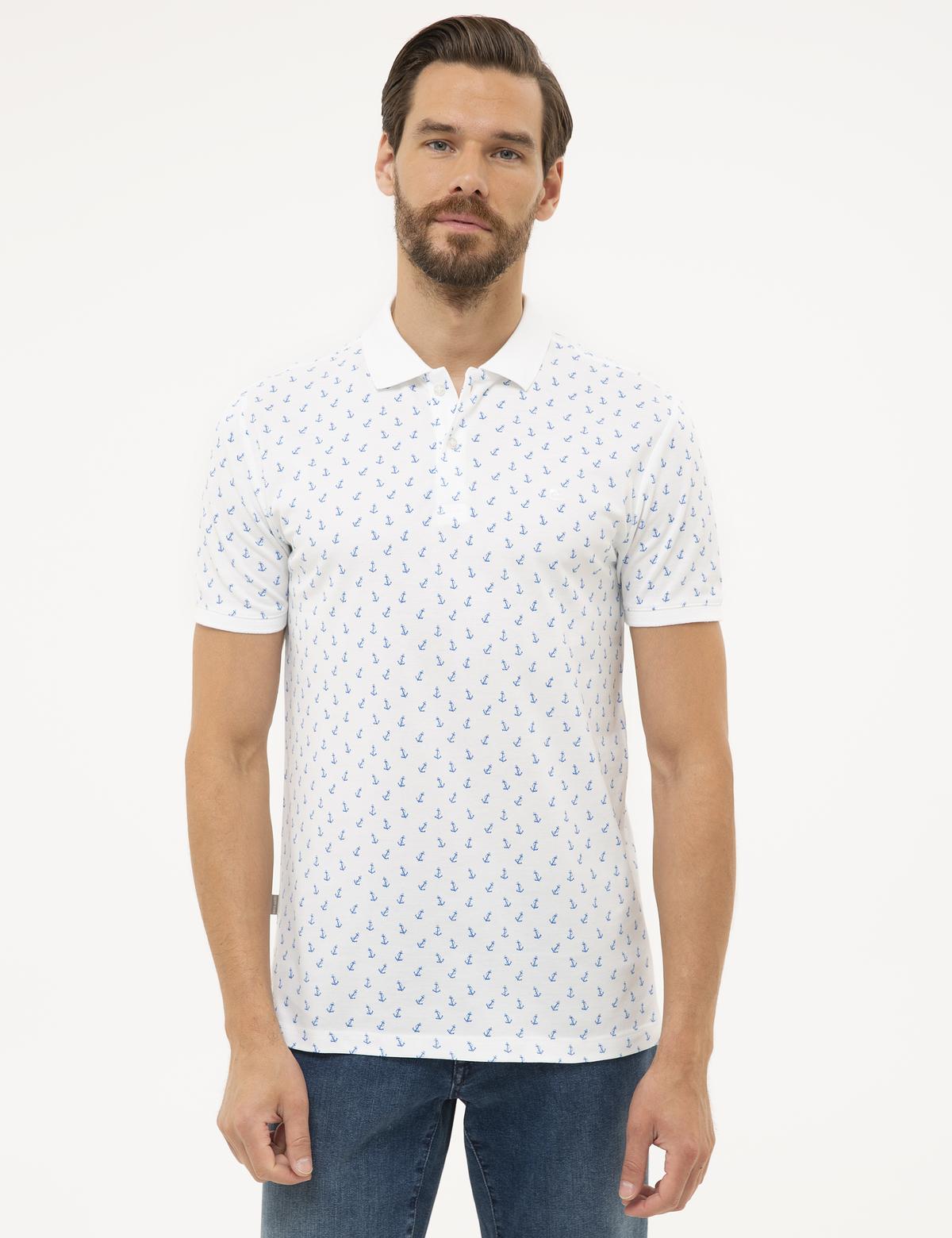 Beyaz Slim Fit Baskılı Polo Yaka Tişört