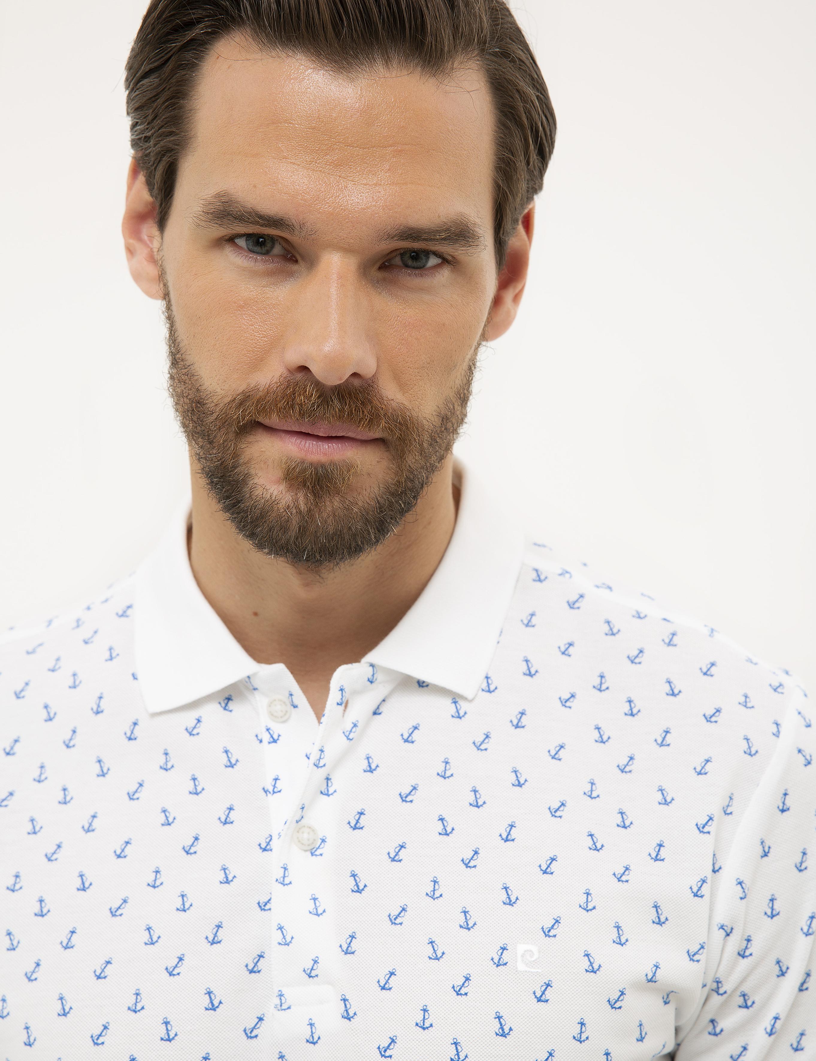 Beyaz Slim Fit Baskılı Polo Yaka Tişört