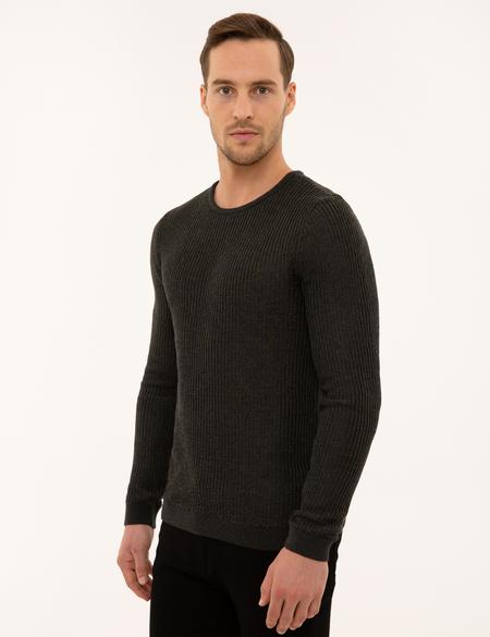 Antrasit Melanj Slim Fit Bisiklet Yaka Triko Kazak - 50229607013