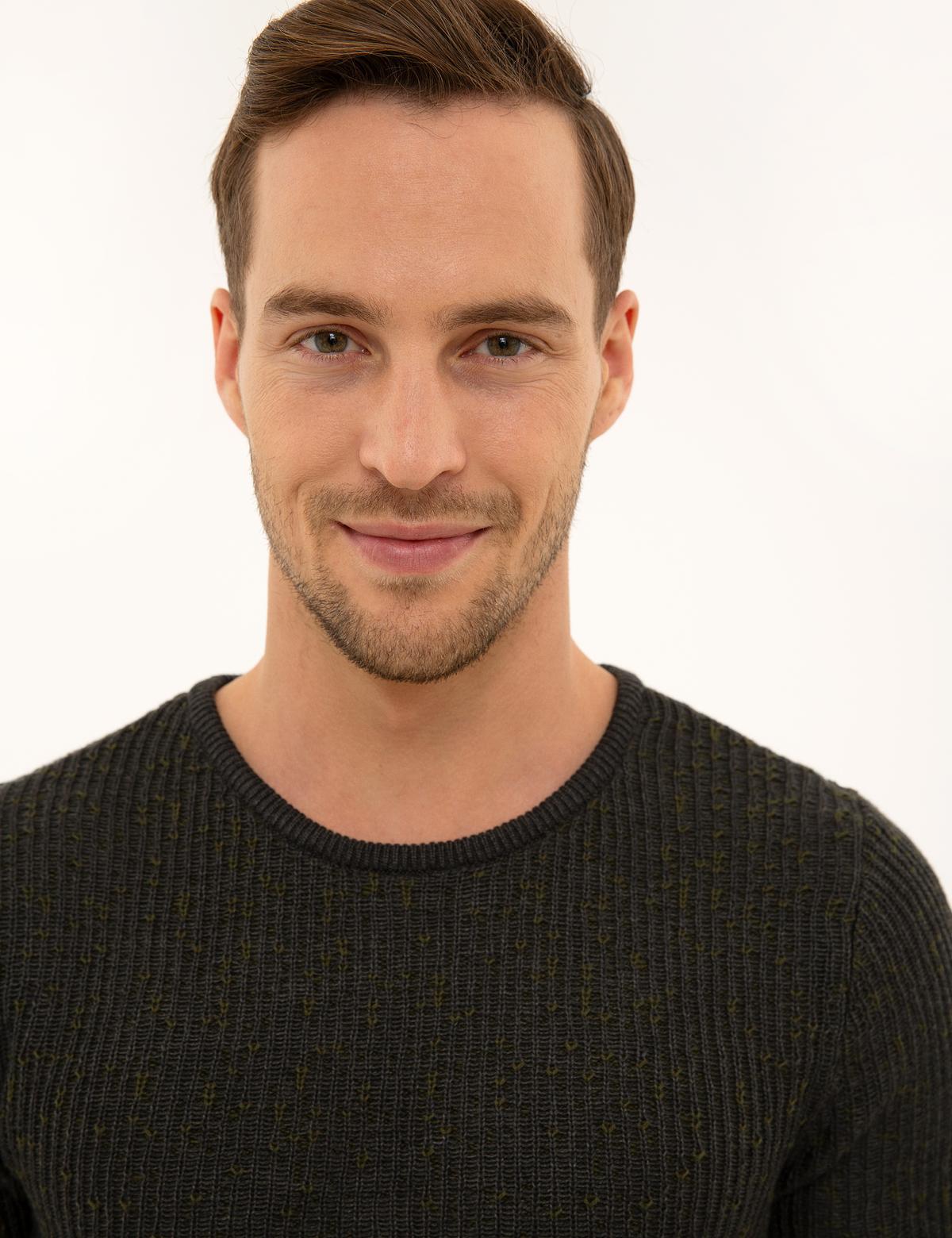 Antrasit Melanj Slim Fit Bisiklet Yaka Triko Kazak - 50229607013