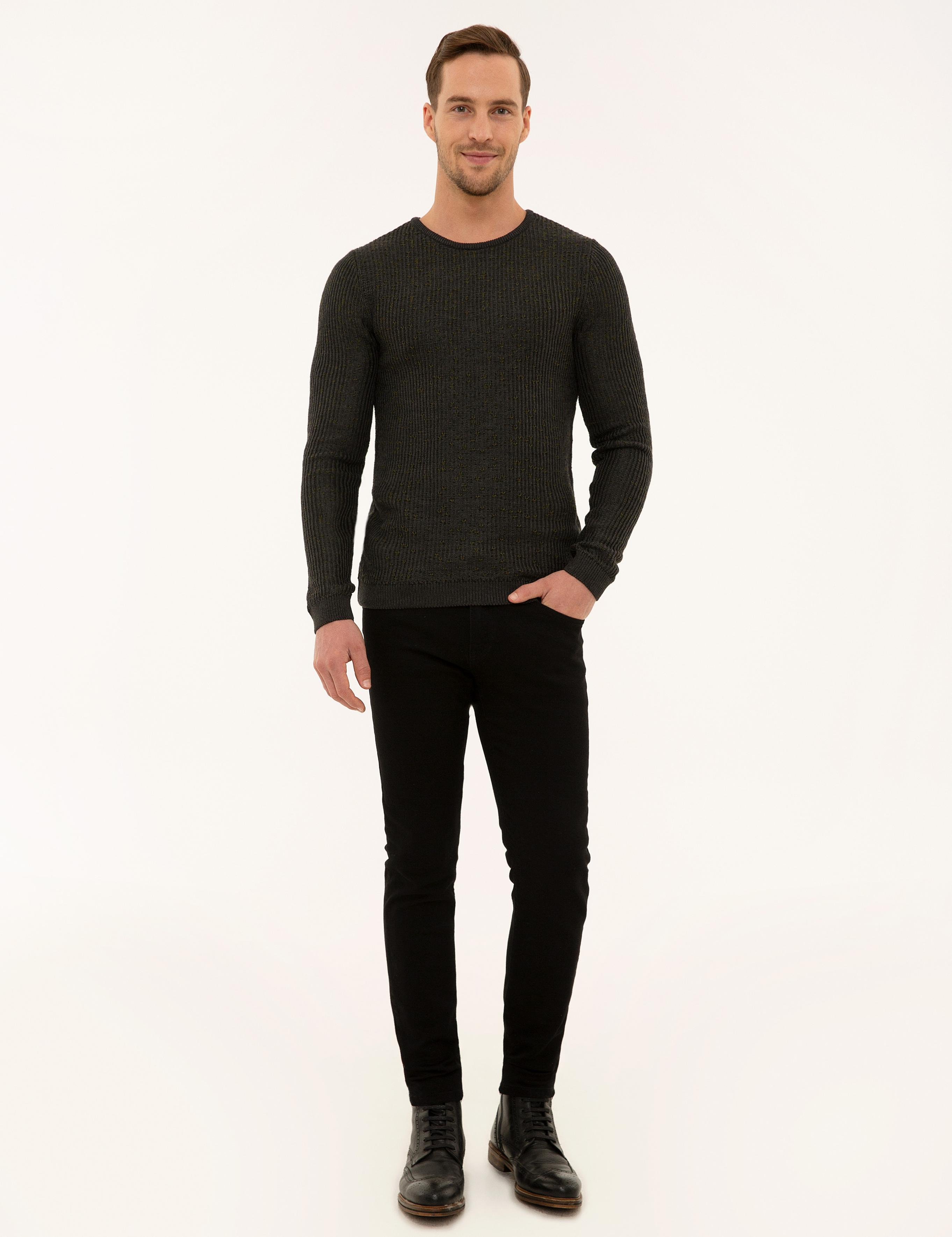 Antrasit Melanj Slim Fit Bisiklet Yaka Triko Kazak