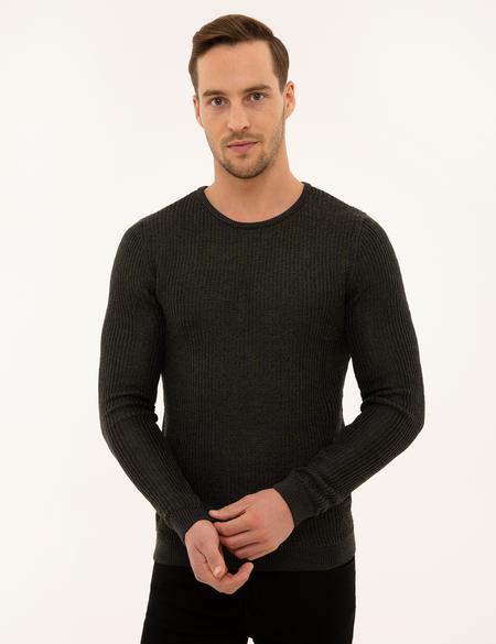 Antrasit Melanj Slim Fit Bisiklet Yaka Triko Kazak - 50229607013