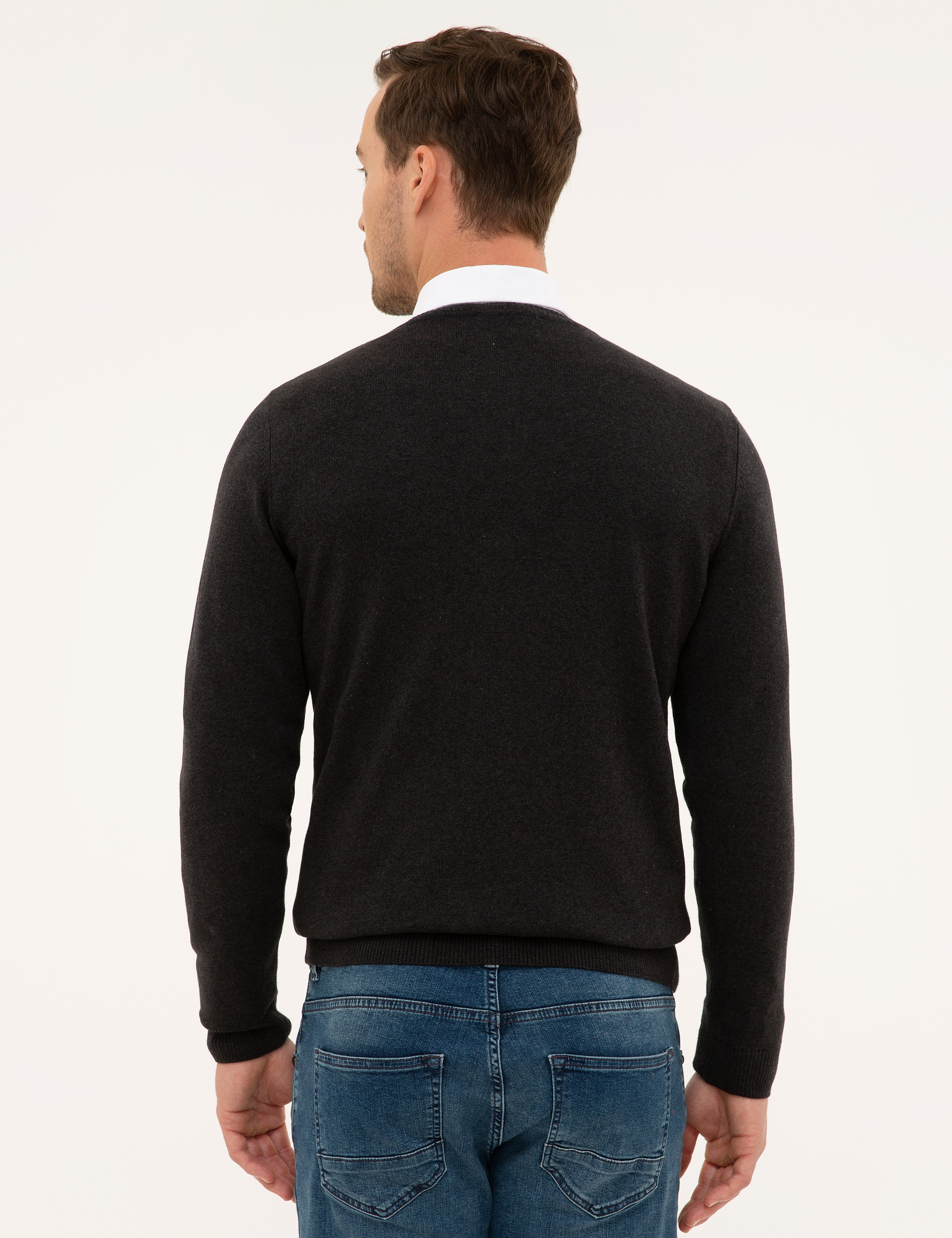 Antrasit Melanj Slim Fit V Yaka Basic Triko Kazak