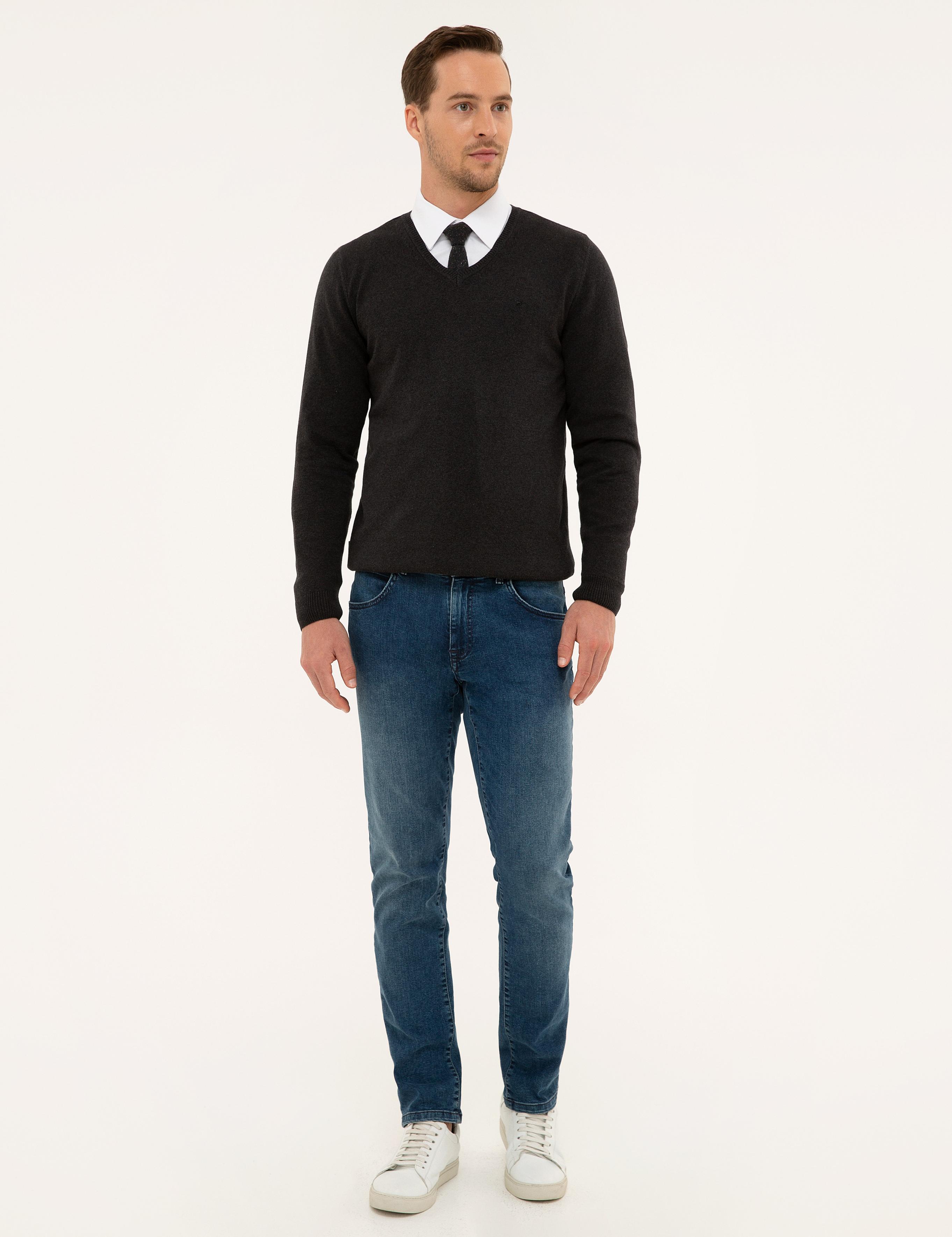 Antrasit Melanj Slim Fit Basic Triko Kazak