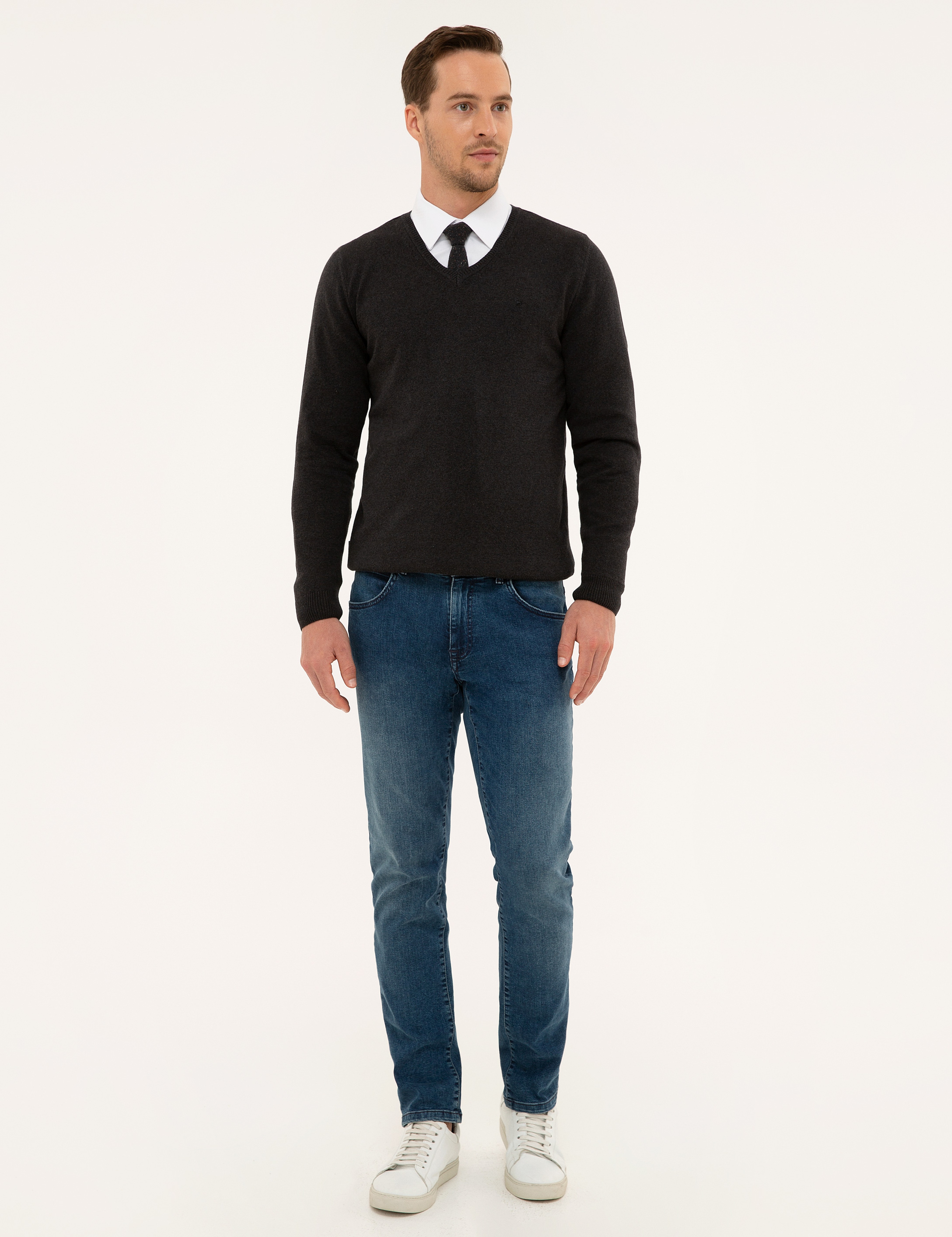 Antrasit Melanj Slim Fit V Yaka Basic Triko Kazak - Image 5