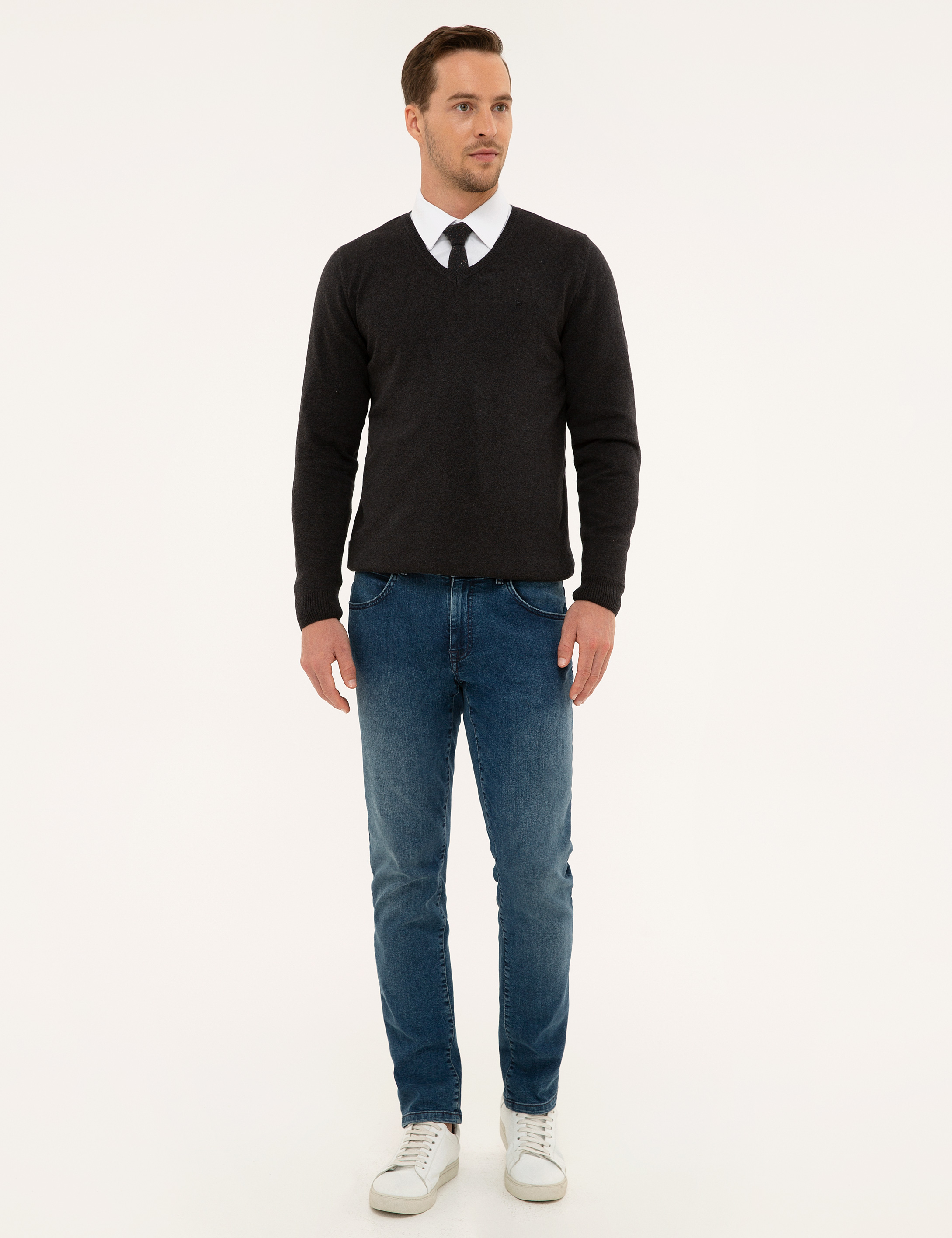 Antrasit Melanj Slim Fit V Yaka Basic Triko Kazak