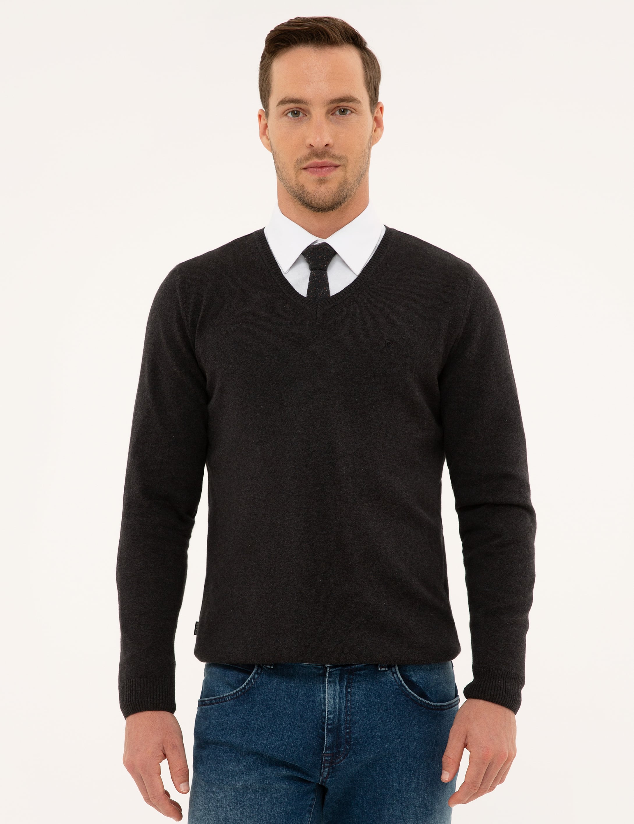 Antrasit Melanj Slim Fit Basic Triko Kazak