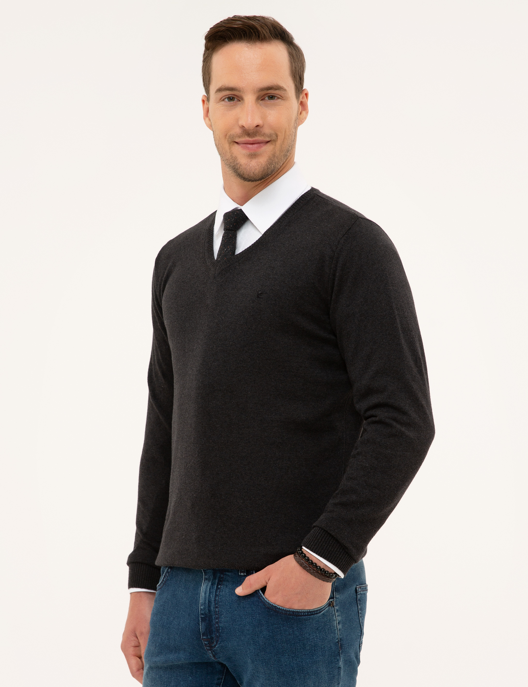 Antrasit Melanj Slim Fit V Yaka Basic Triko Kazak