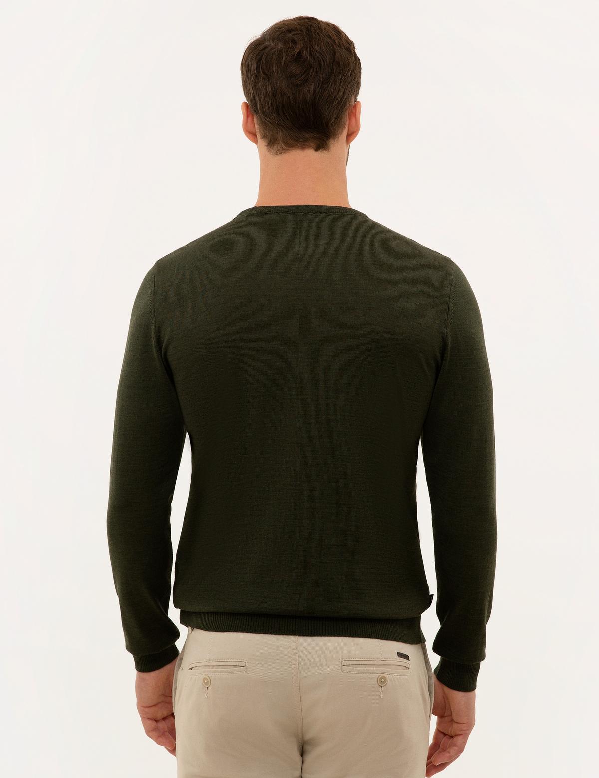 Yeşil Slim Fit Bisiklet Yaka Yün Karışımlı Basic Triko Kazak - 50227677066