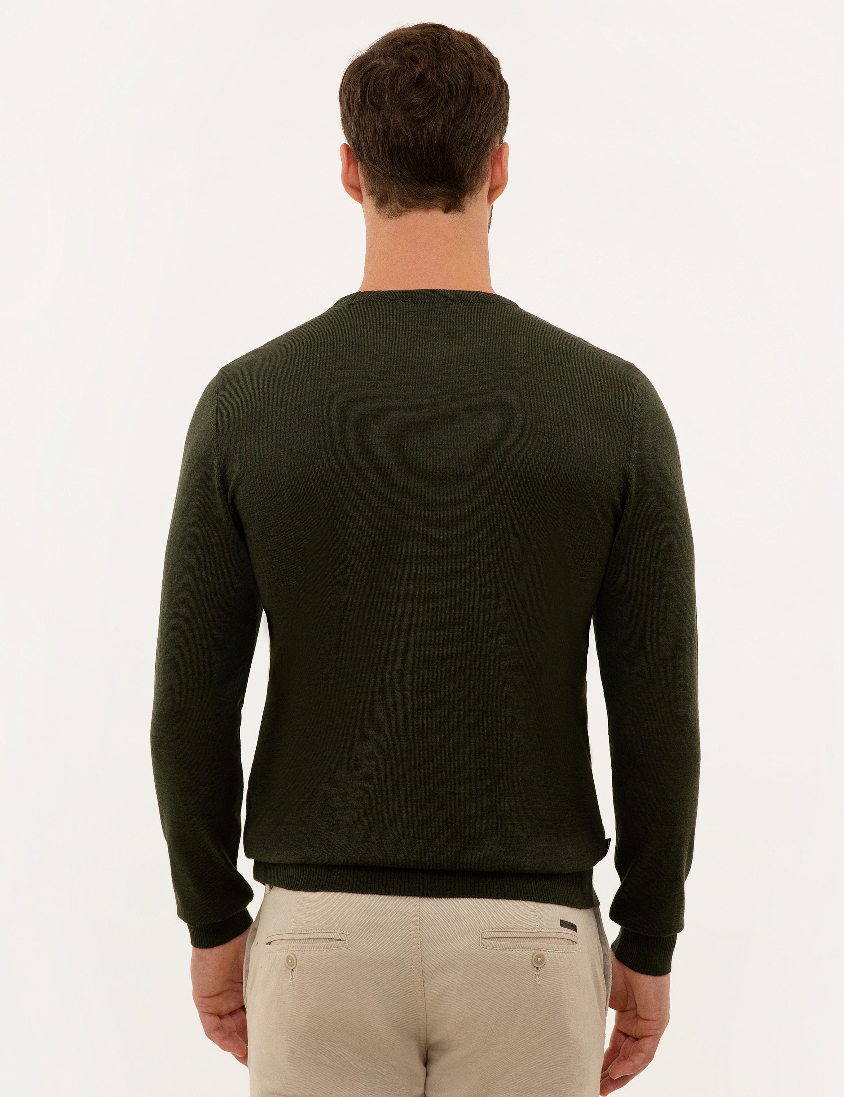 Yeşil Slim Fit Bisiklet Yaka Yün Karışımlı Basic Triko Kazak