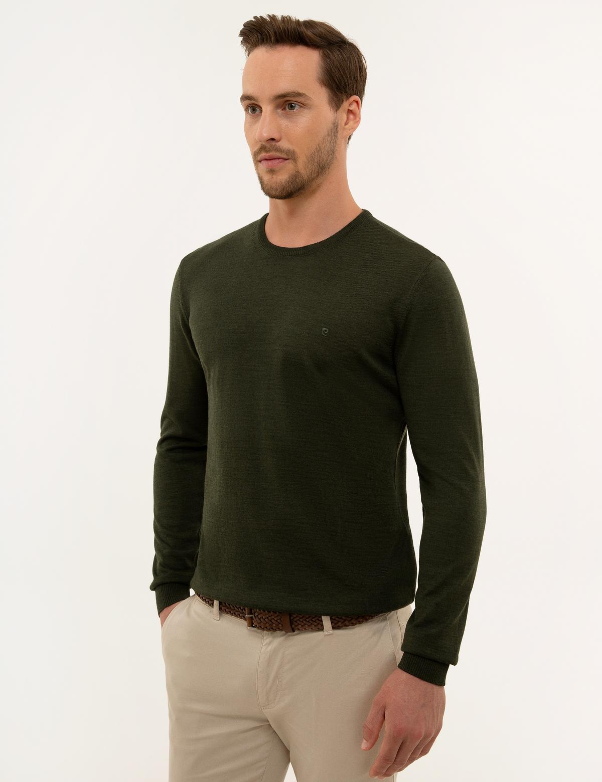 Yeşil Slim Fit Bisiklet Yaka Yün Karışımlı Basic Triko Kazak - 50227677066