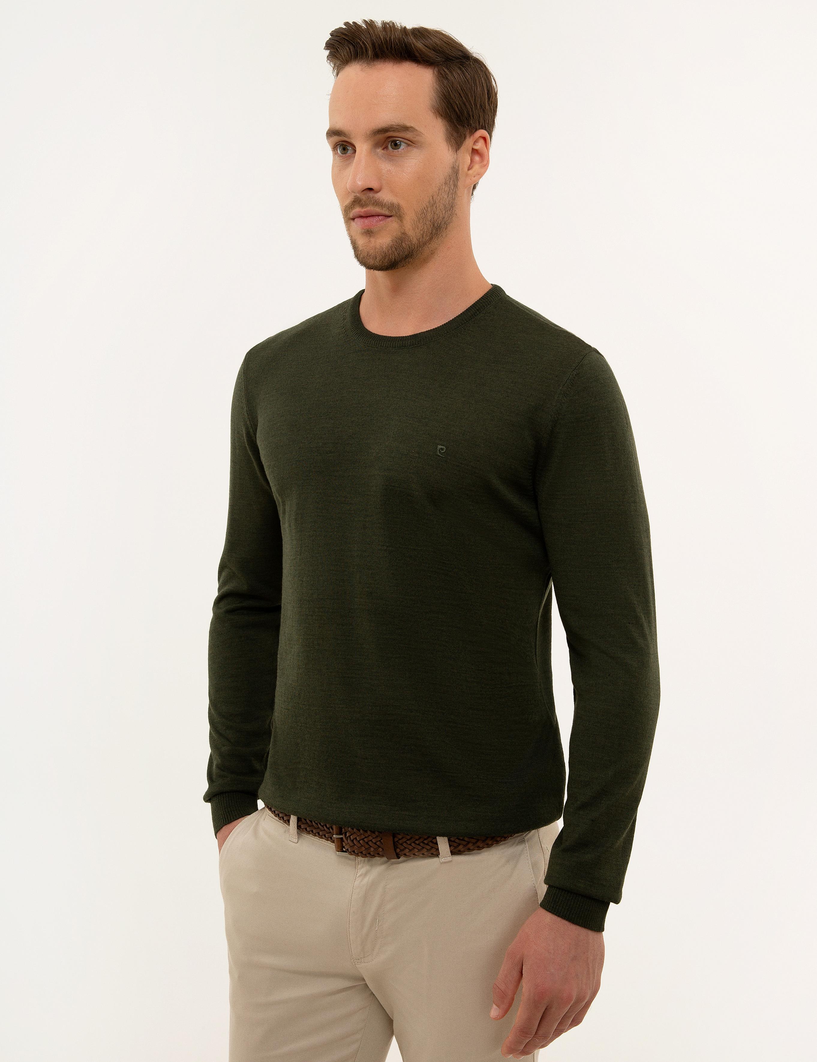 Yeşil Slim Fit Bisiklet Yaka Yün Karışımlı Basic Triko Kazak