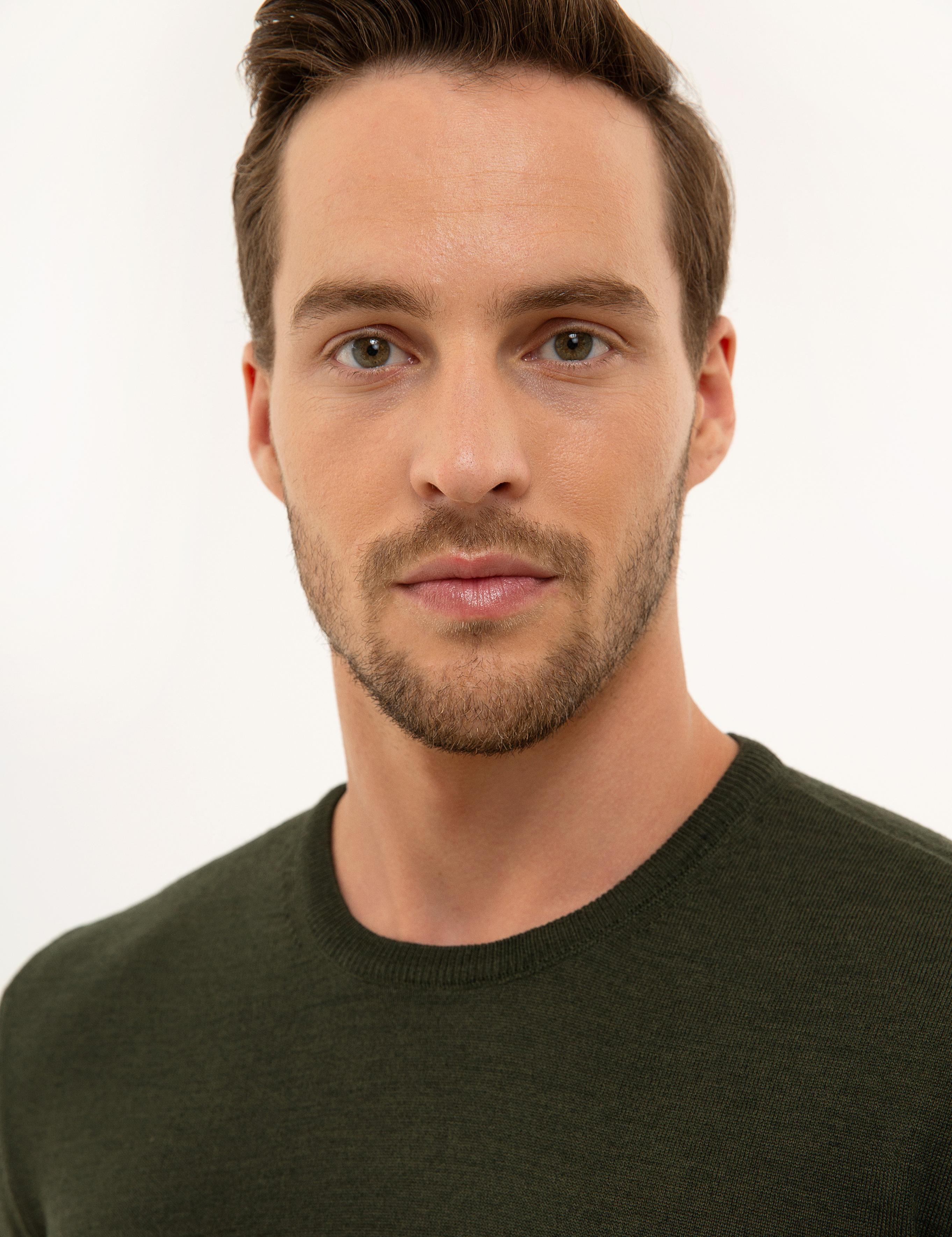 Yeşil Slim Fit Bisiklet Yaka Yün Karışımlı Basic Triko Kazak