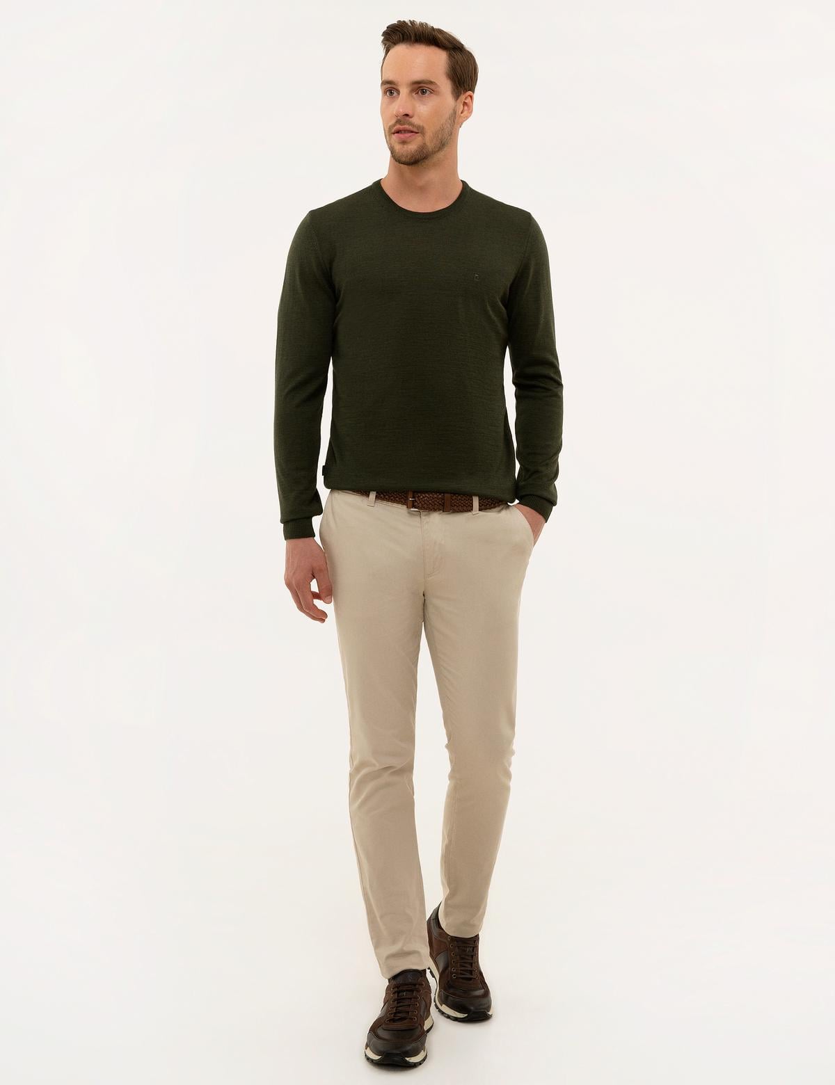 Yeşil Slim Fit Bisiklet Yaka Yün Karışımlı Basic Triko Kazak - 50227677066