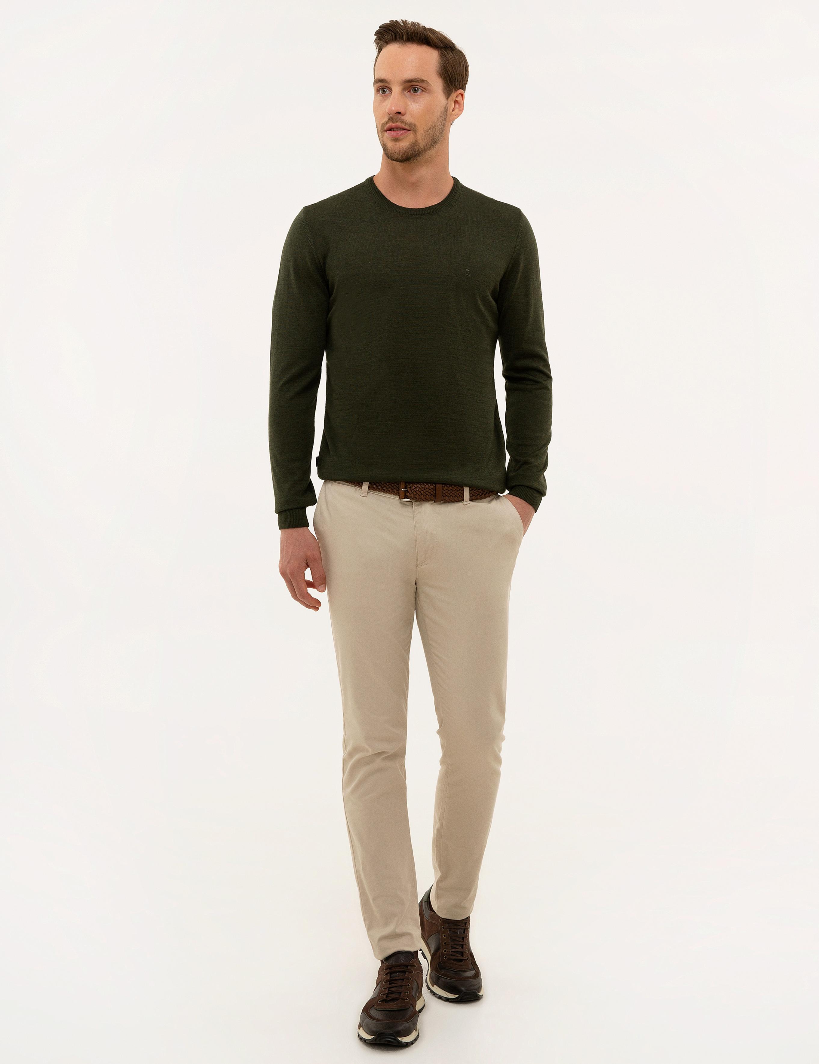 Yeşil Slim Fit Bisiklet Yaka Yün Karışımlı Basic Triko Kazak