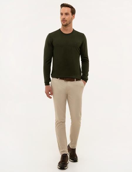 Yeşil Slim Fit Bisiklet Yaka Yün Karışımlı Basic Triko Kazak - 50227677066