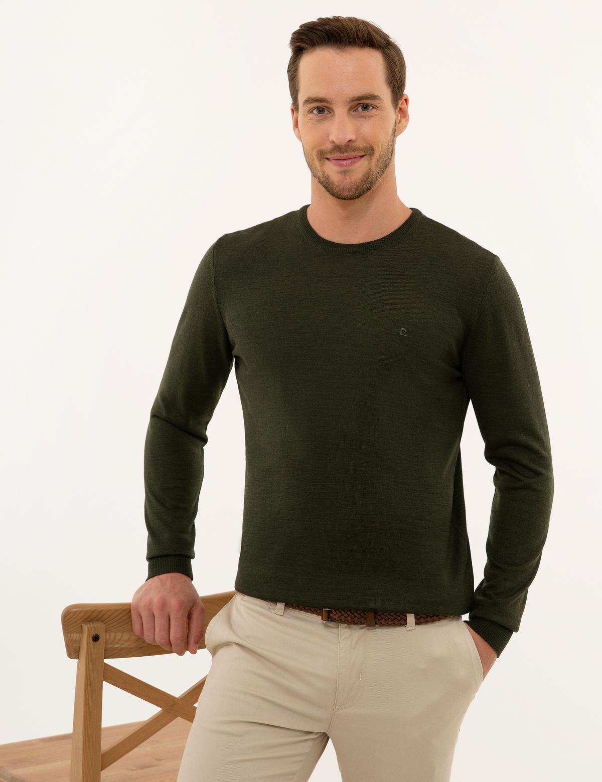 Yeşil Slim Fit Bisiklet Yaka Yün Karışımlı Basic Triko Kazak