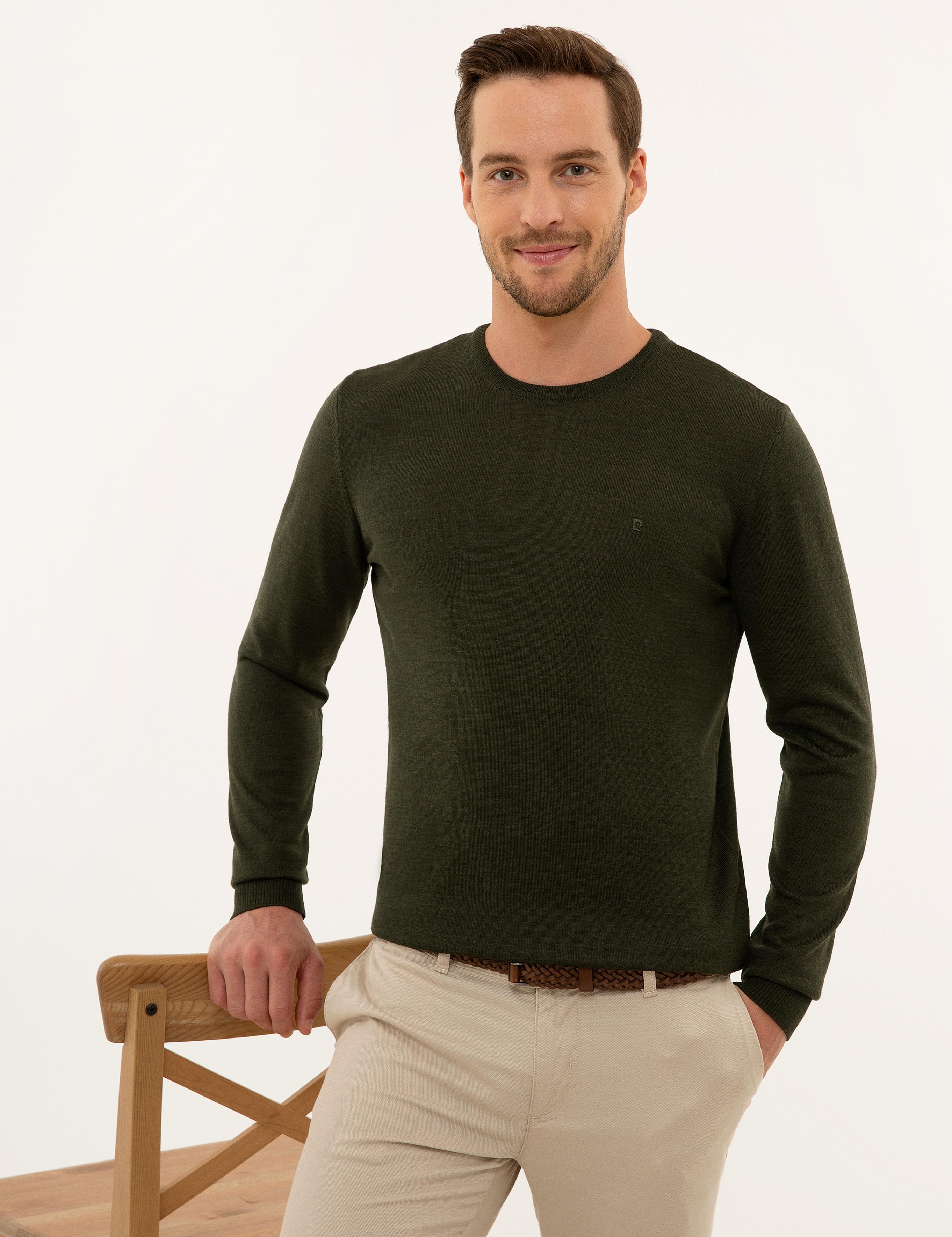 Yeşil Slim Fit Bisiklet Yaka Yün Karışımlı Basic Triko Kazak