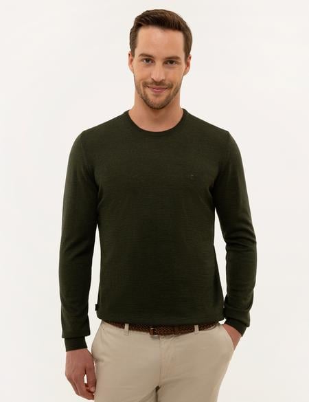 Yeşil Slim Fit Bisiklet Yaka Yün Karışımlı Basic Triko Kazak - 50227677066