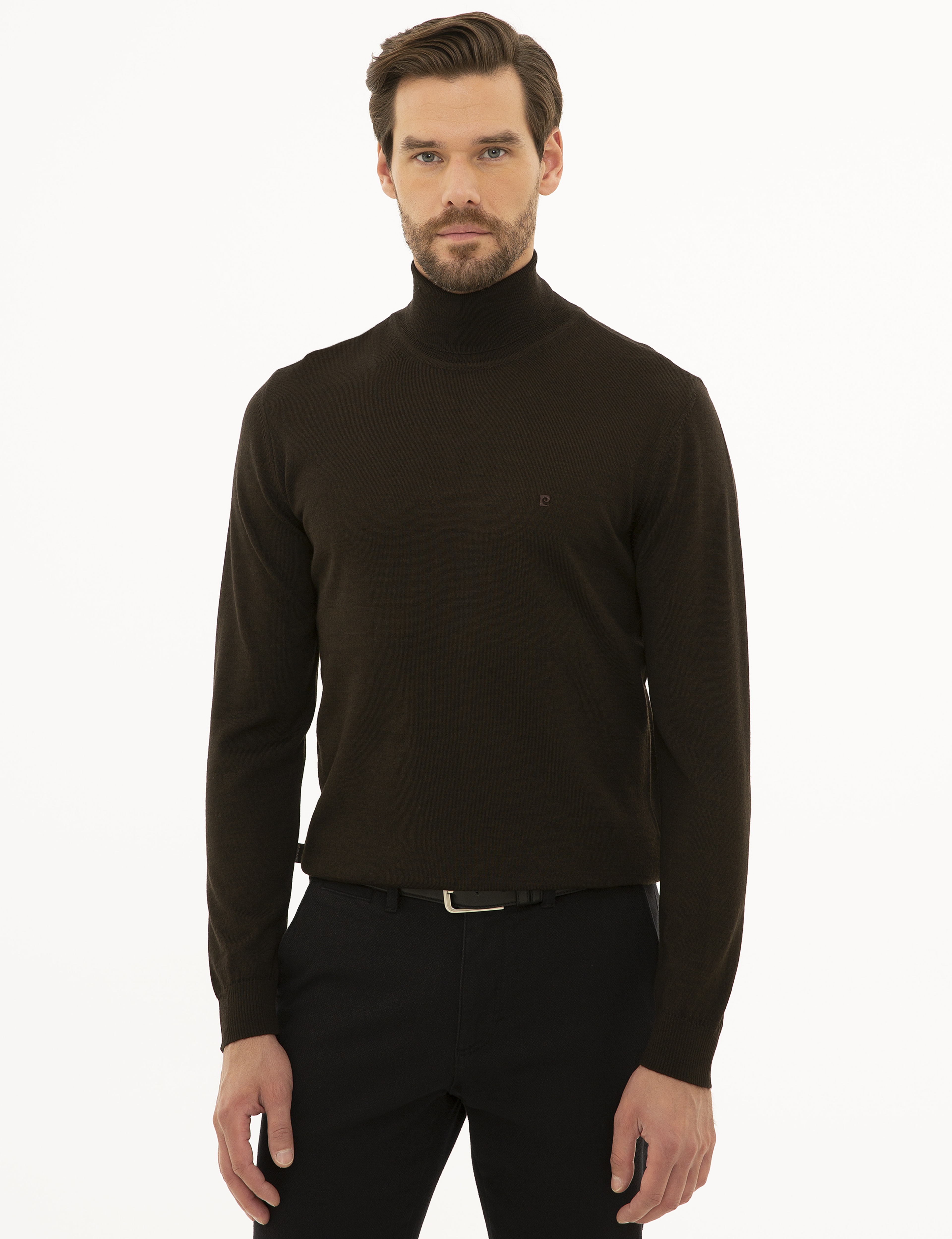 Kahverengi Slim Fit Tam Balıkçı Yaka Basic Triko Kazak