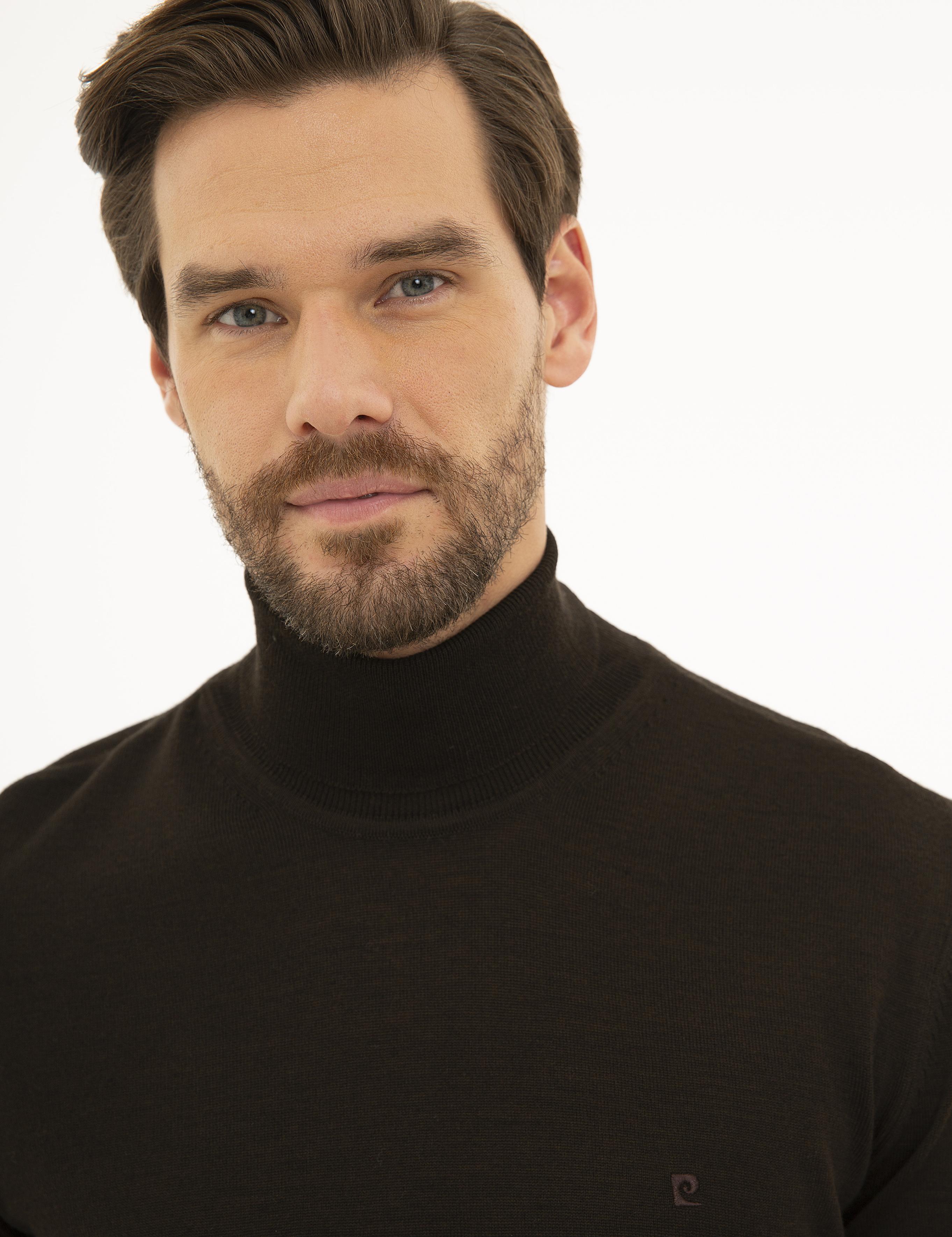 Kahverengi Slim Fit Tam Balıkçı Yaka Basic Triko Kazak