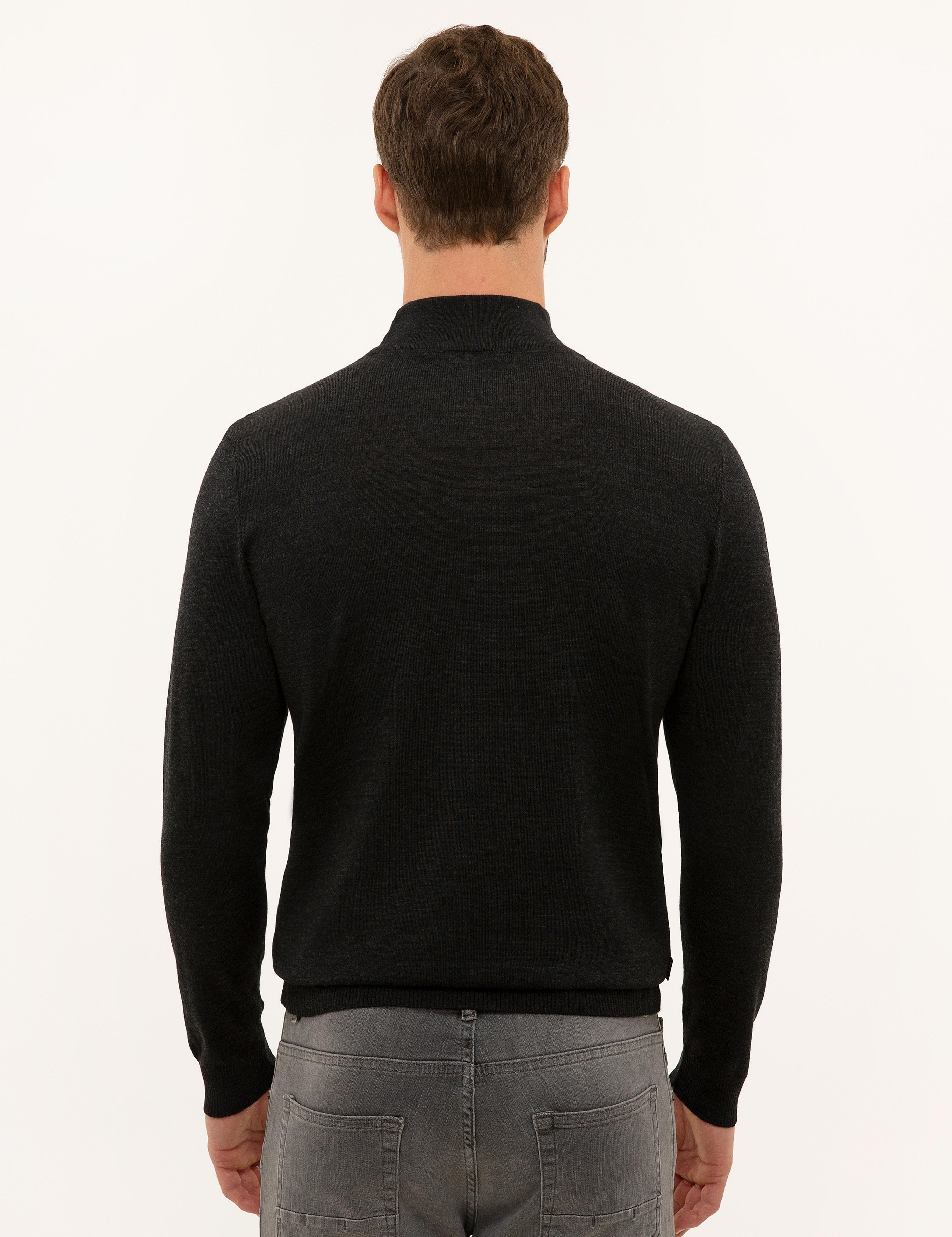 Antrasit Melanj Slim Fit Yarım Balıkçı Yaka Yün Karışımlı Basic Triko Kazak