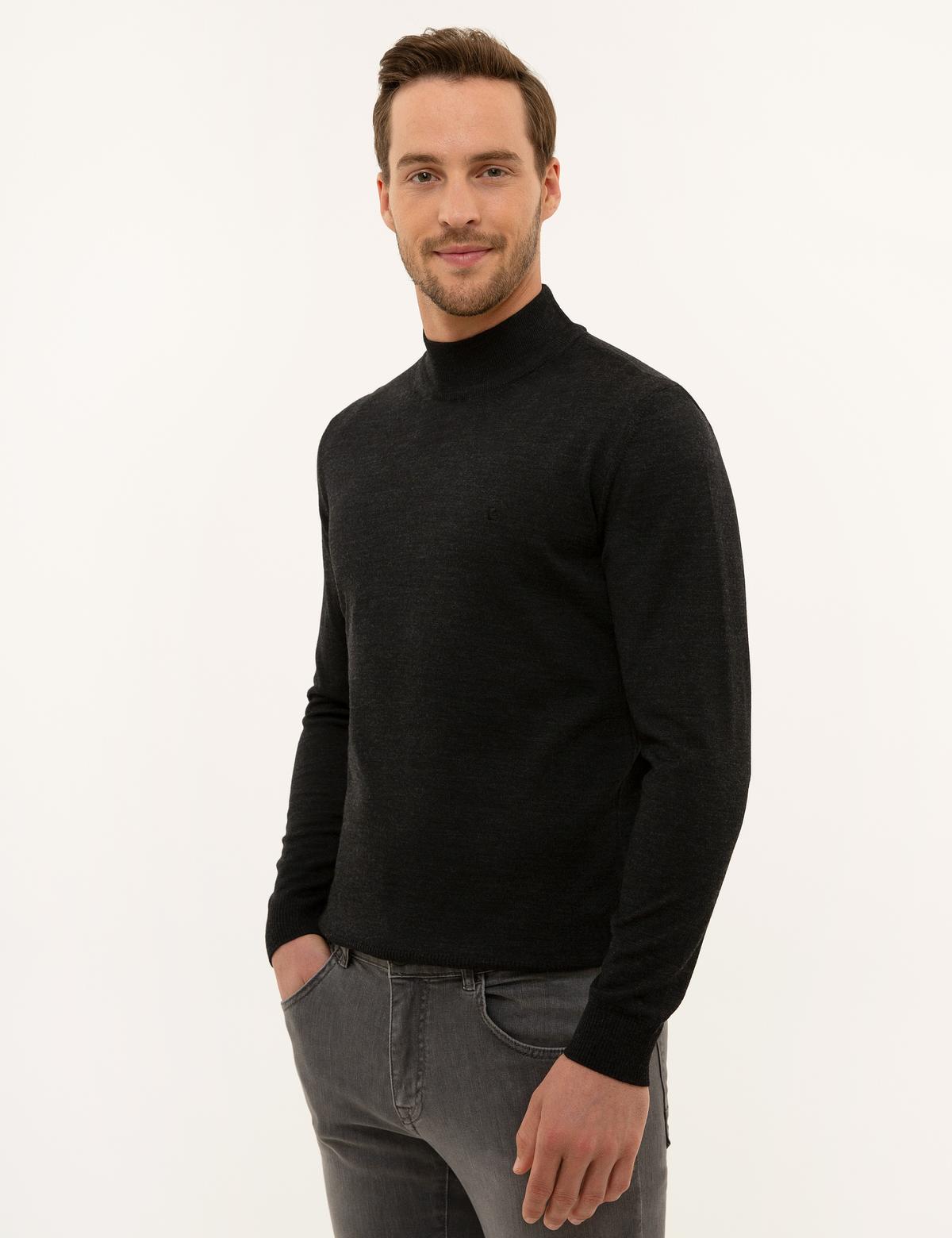 Antrasit Melanj Slim Fit Yarım Balıkçı Yaka Yün Karışımlı Basic Triko Kazak - 50228245023