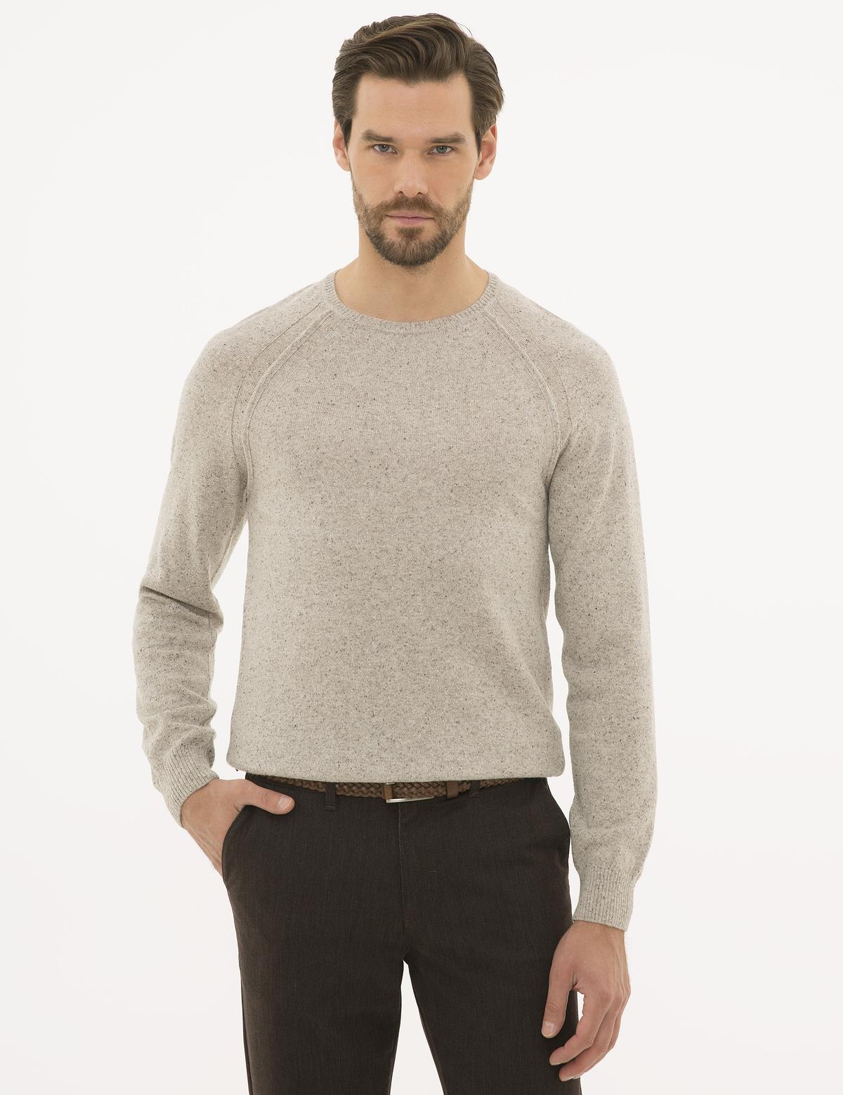 Bej Slim Fit Yün Karışımlı Triko Kazak