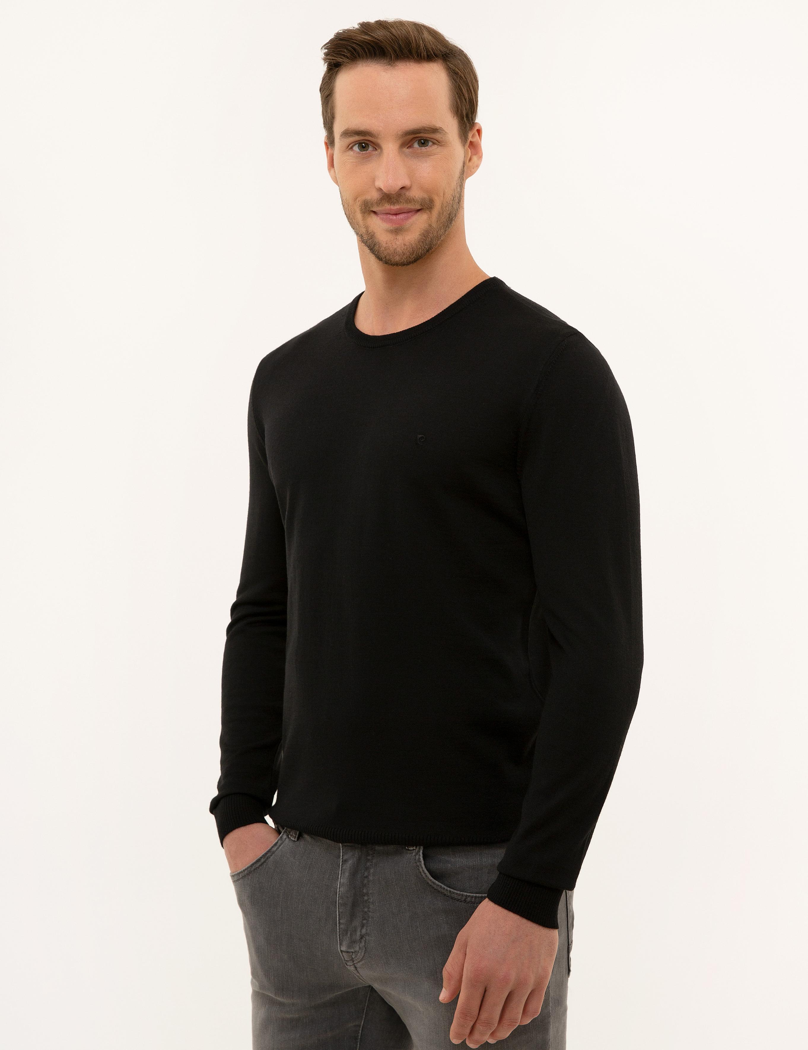 Siyah Slim Fit Bisiklet Yaka Yün Karışımlı Basic Triko Kazak