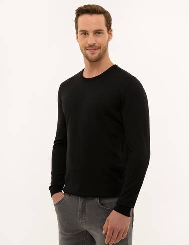 Siyah Slim Fit Bisiklet Yaka Yün Karışımlı Basic Triko Kazak