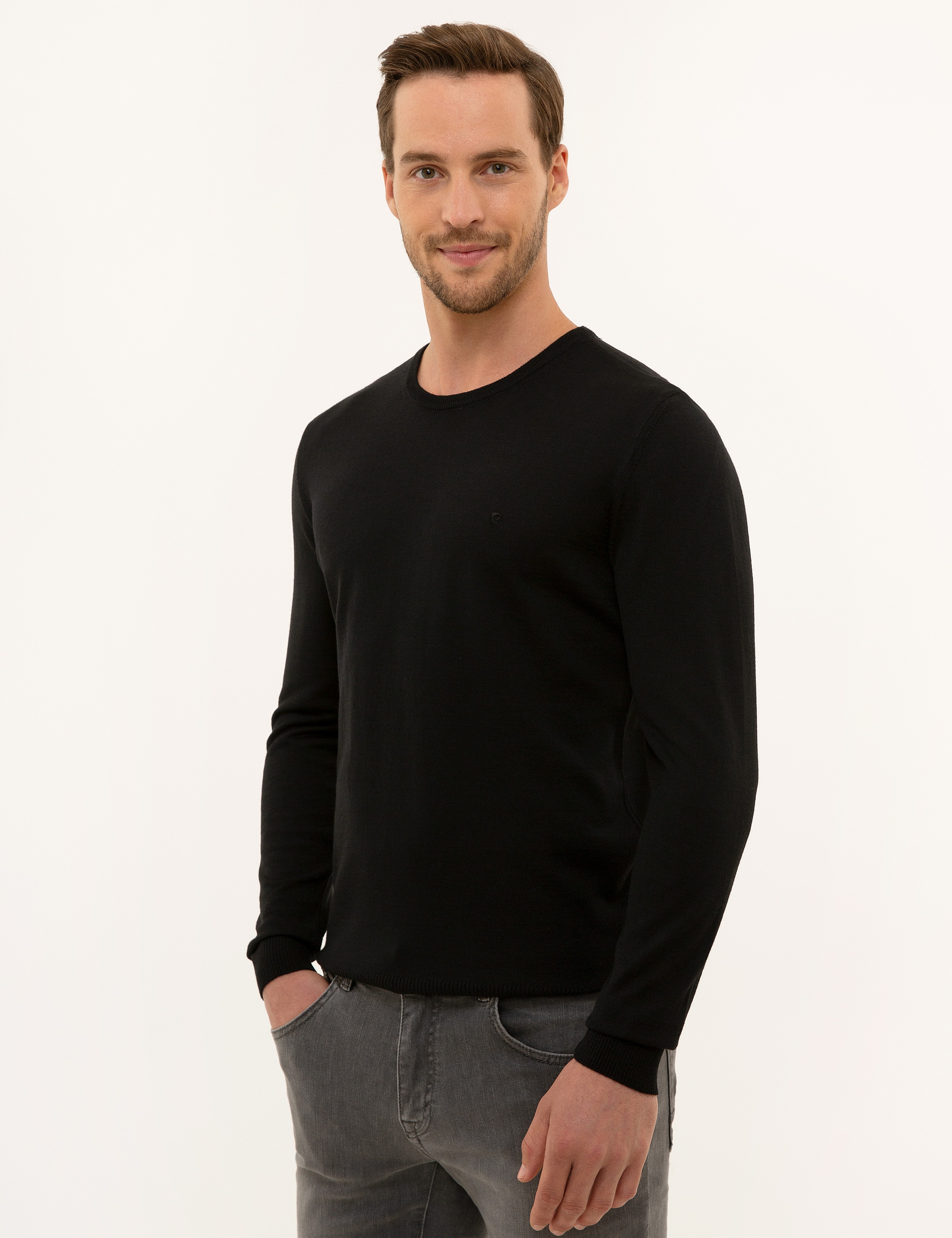 Siyah Slim Fit Bisiklet Yaka Yün Karışımlı Basic Triko Kazak - Image 3