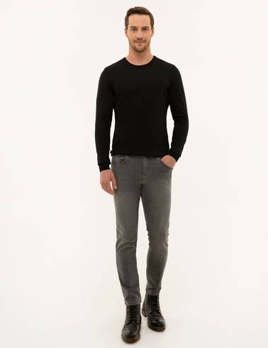 Siyah Slim Fit Bisiklet Yaka Yün Karışımlı Basic Triko Kazak