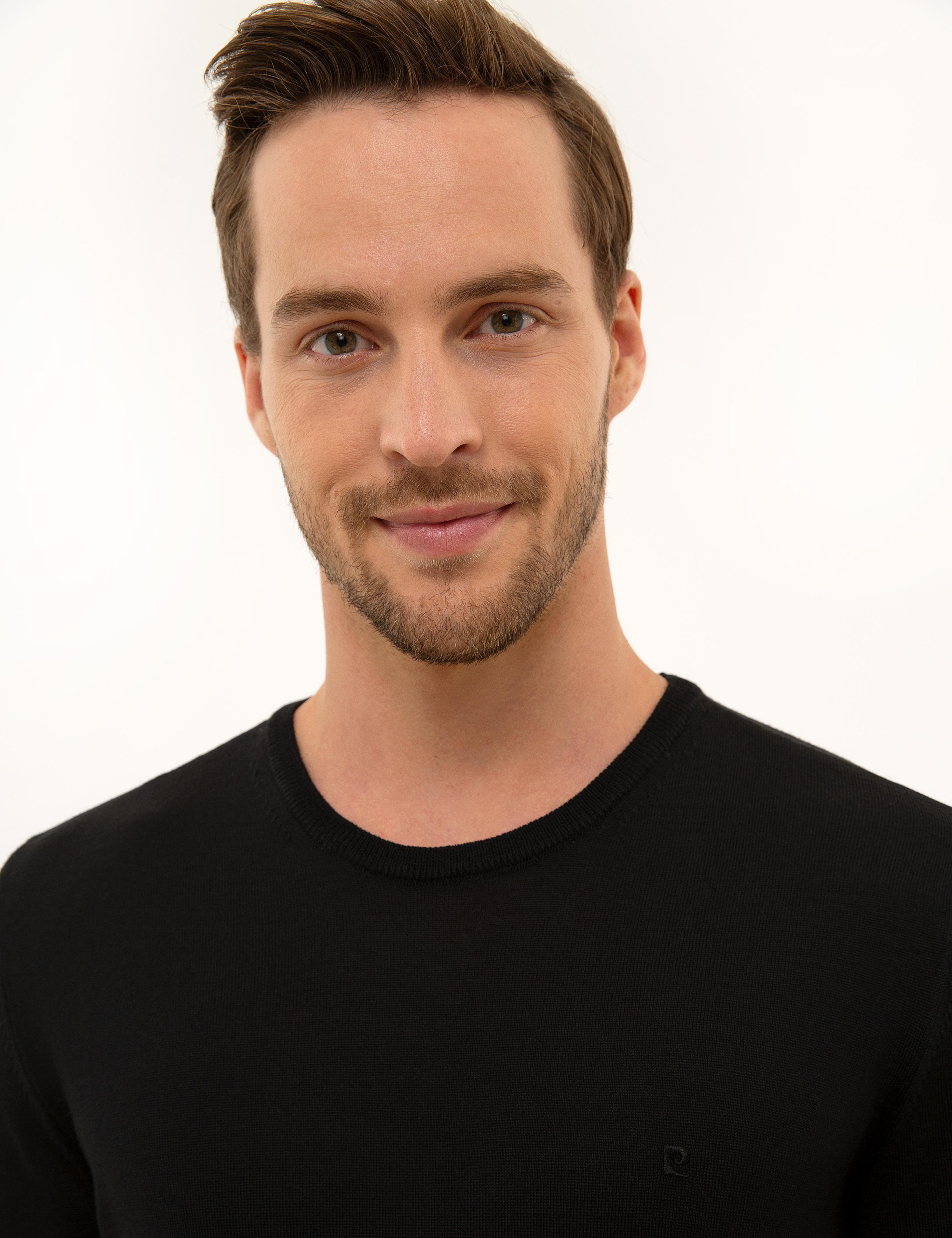 Siyah Slim Fit Bisiklet Yaka Yün Karışımlı Basic Triko Kazak