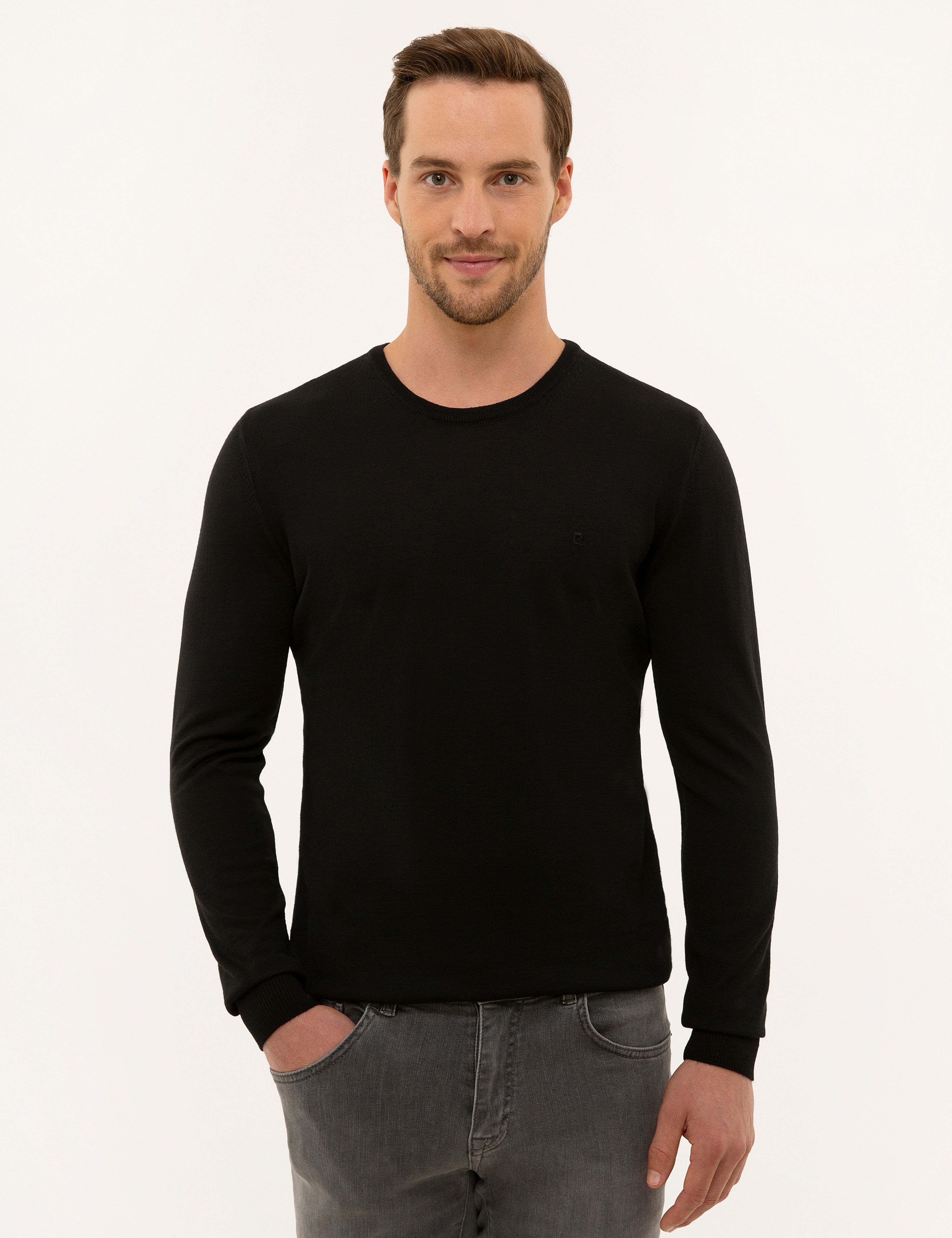 Siyah Slim Fit Bisiklet Yaka Yün Karışımlı Basic Triko Kazak - Image 1